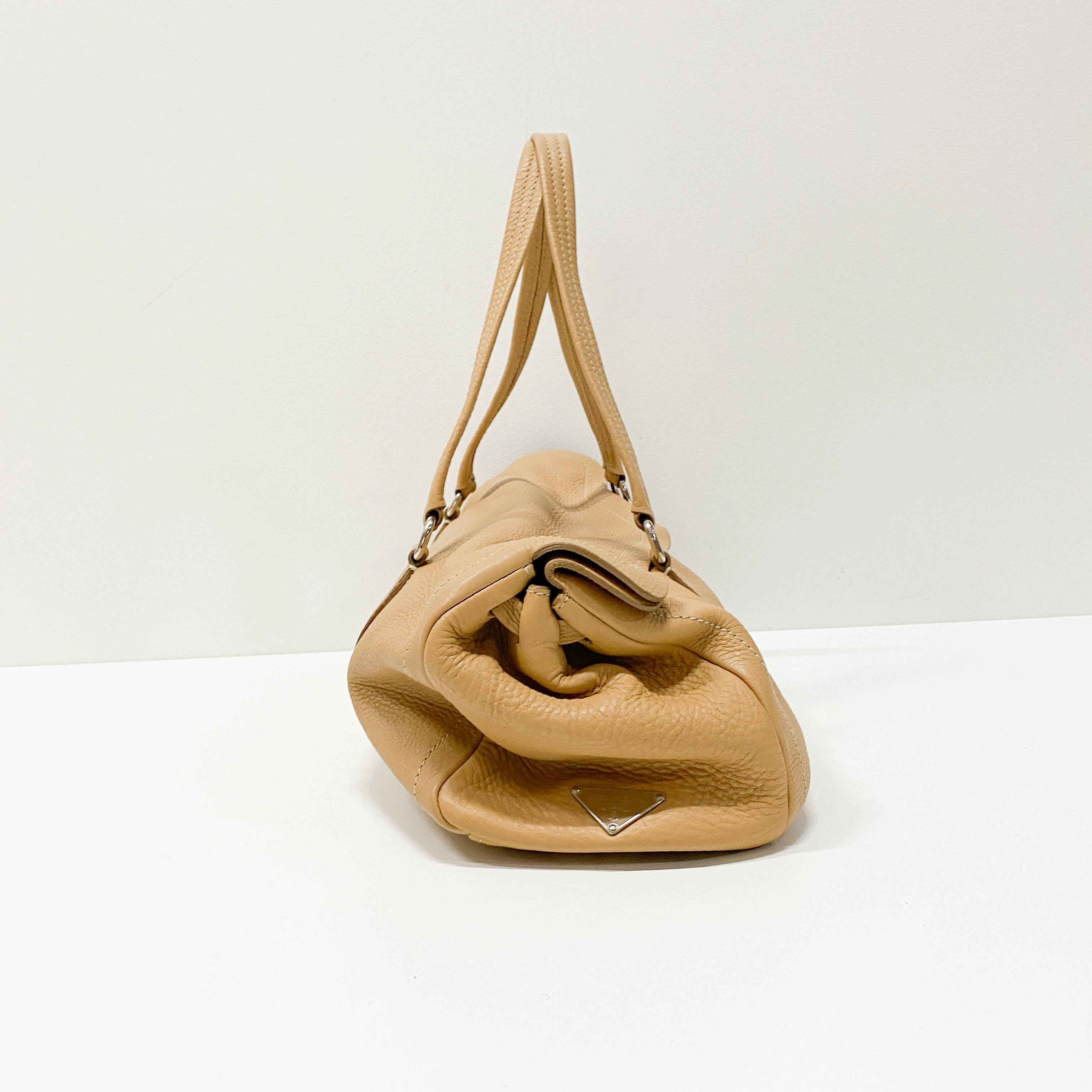 Neutral Grain Calfskin Leather Shoulder Bag