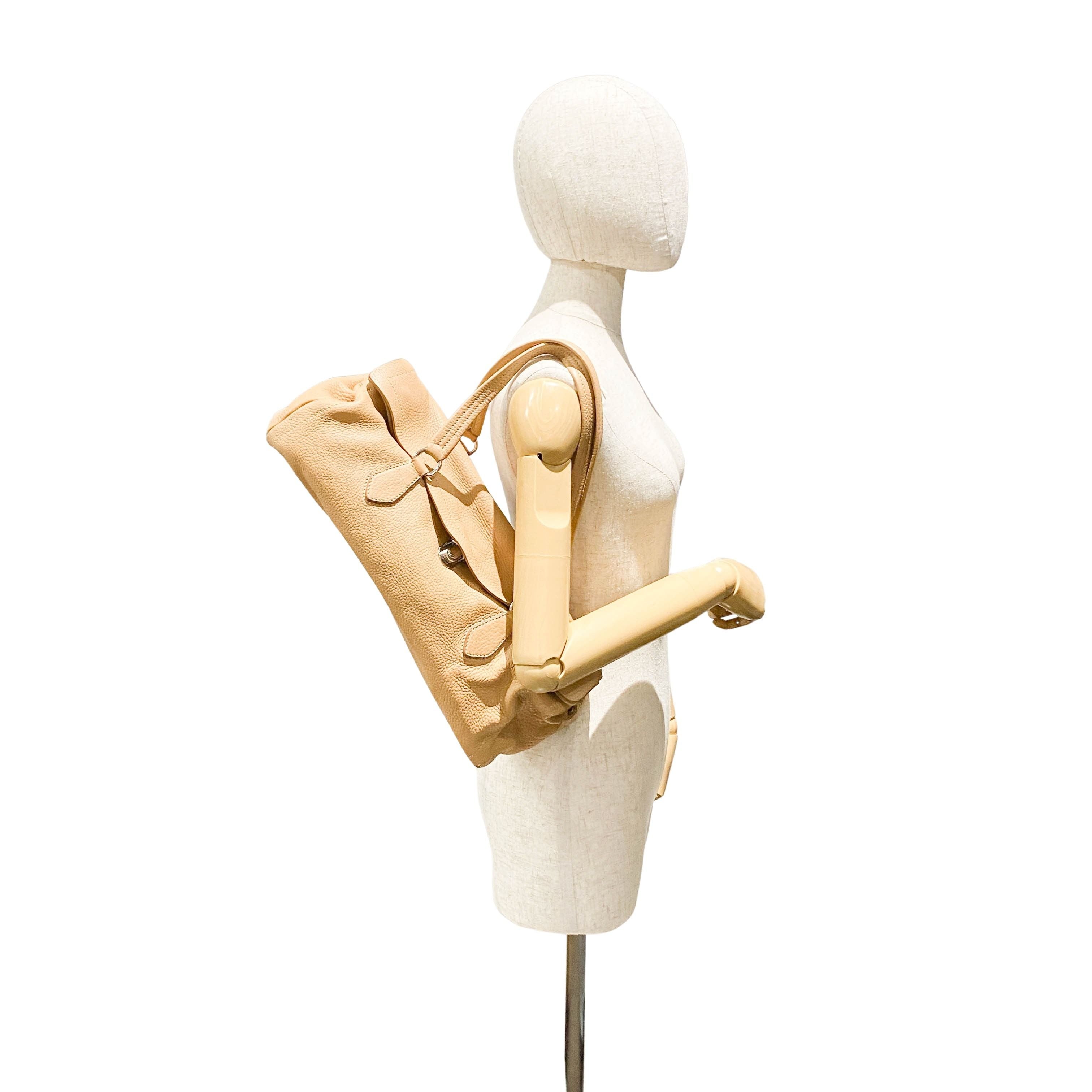 Neutral Grain Calfskin Leather Shoulder Bag