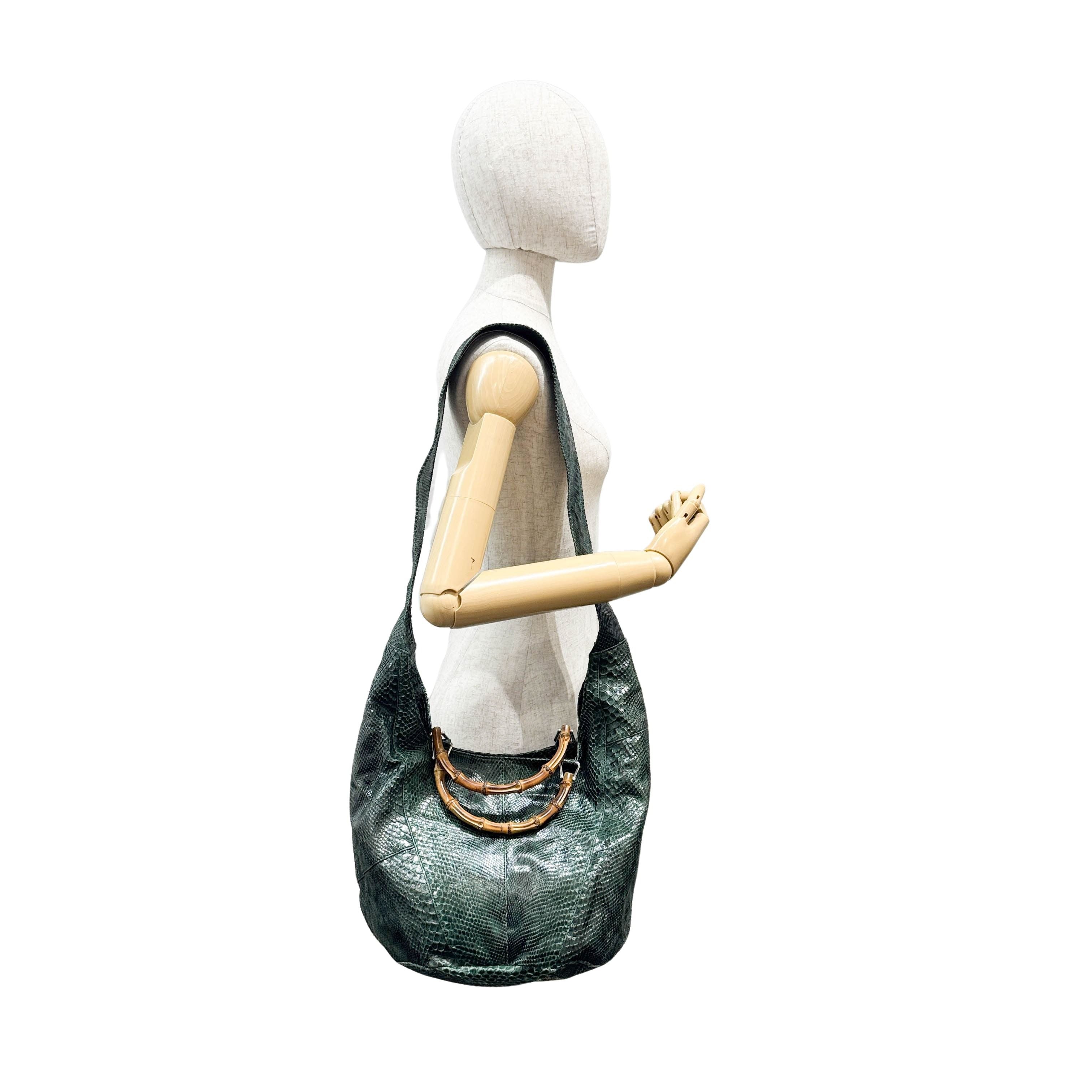 Bamboo Green Python Embossed Leather Two Way Bag