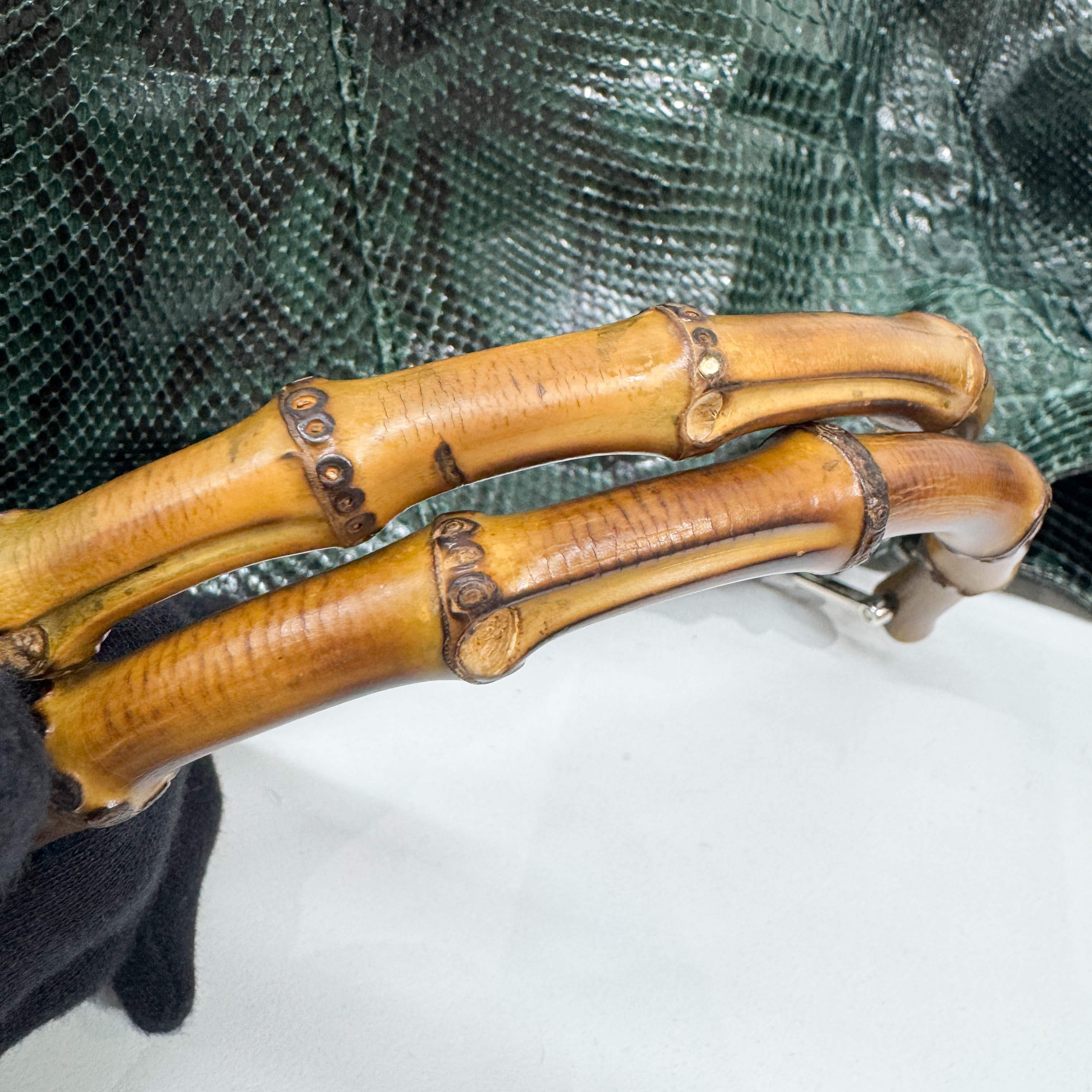 Bamboo Green Python Embossed Leather Two Way Bag