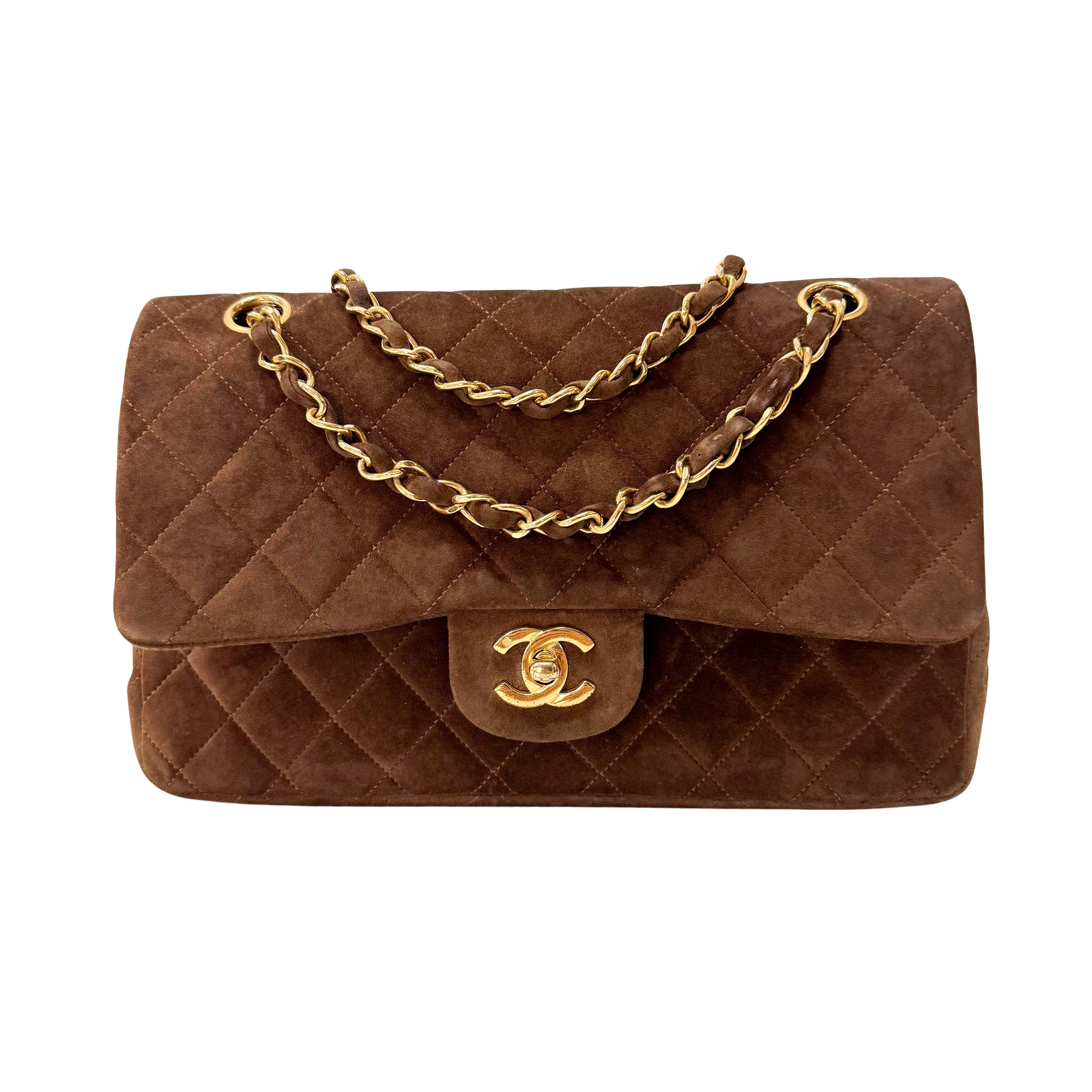 Classic Double Flap Small Brown Suede Shoulder Bag