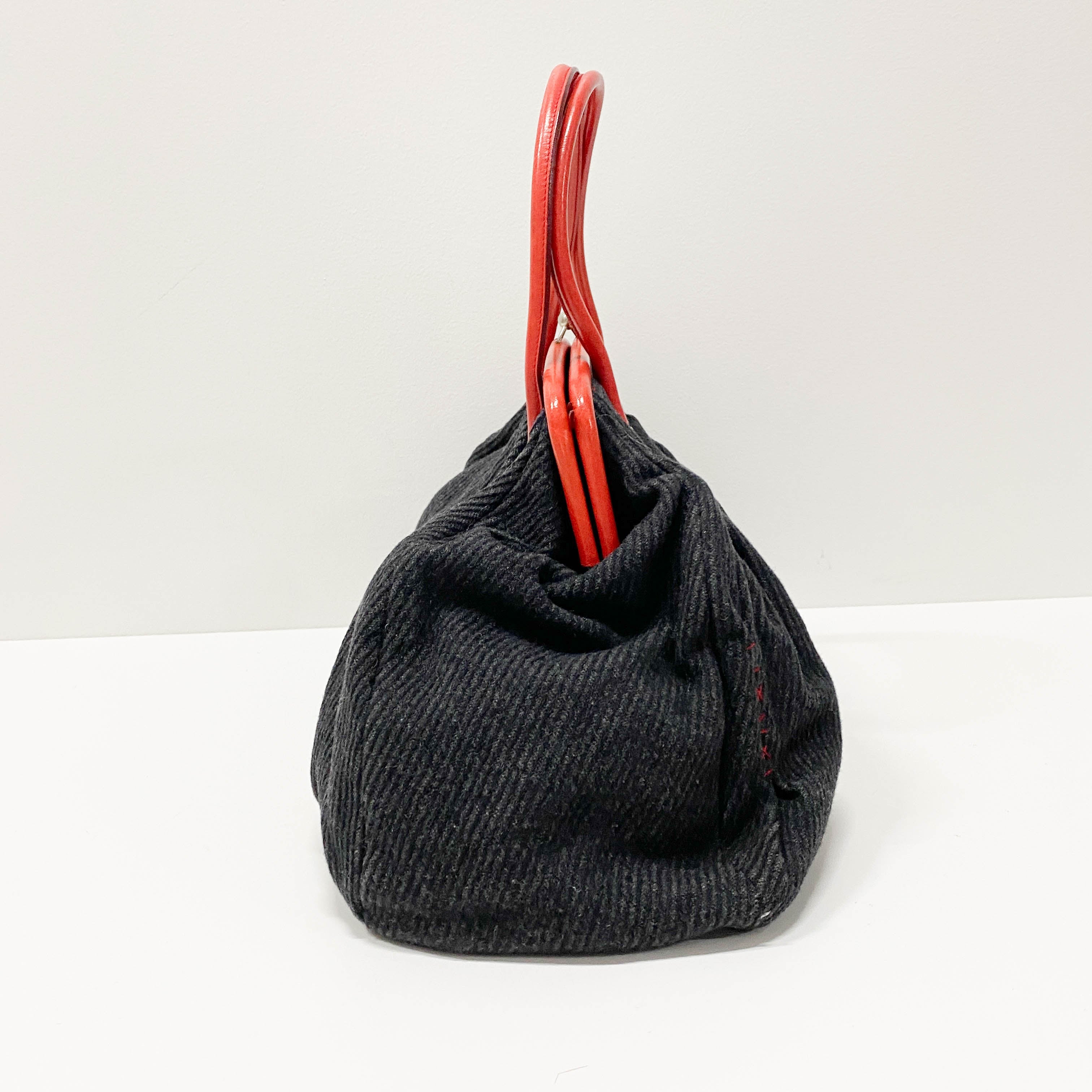 Black Wool & Red Leather Shoulder Bag