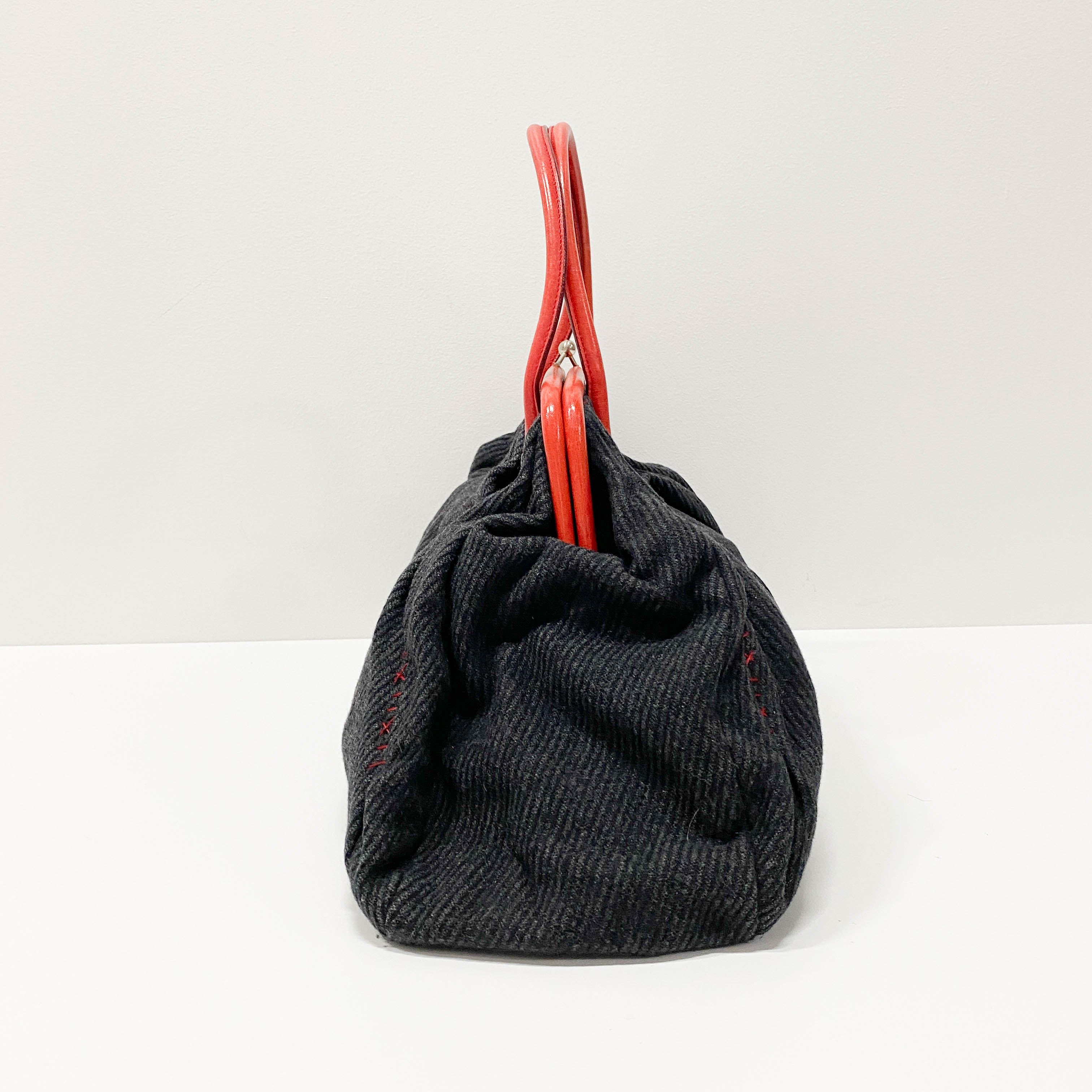 Black Wool & Red Leather Shoulder Bag