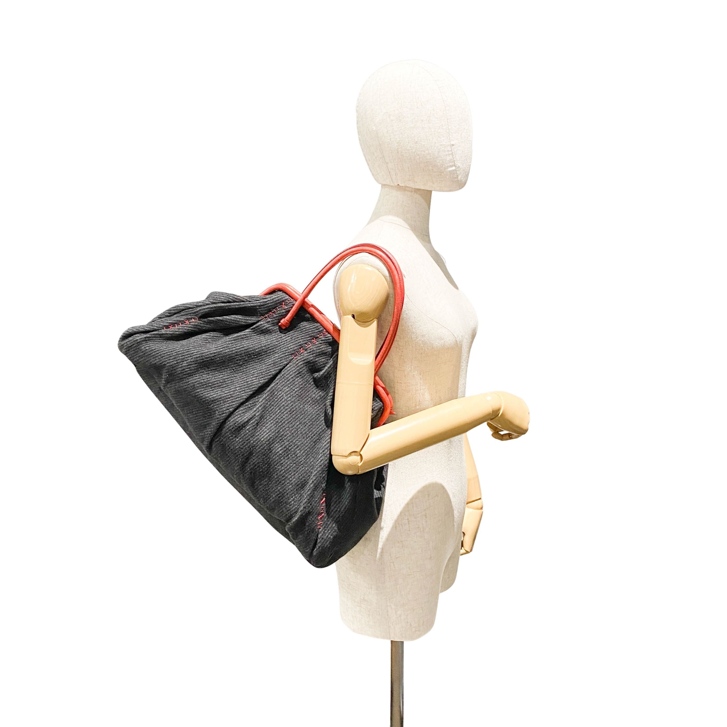 Black Wool & Red Leather Shoulder Bag