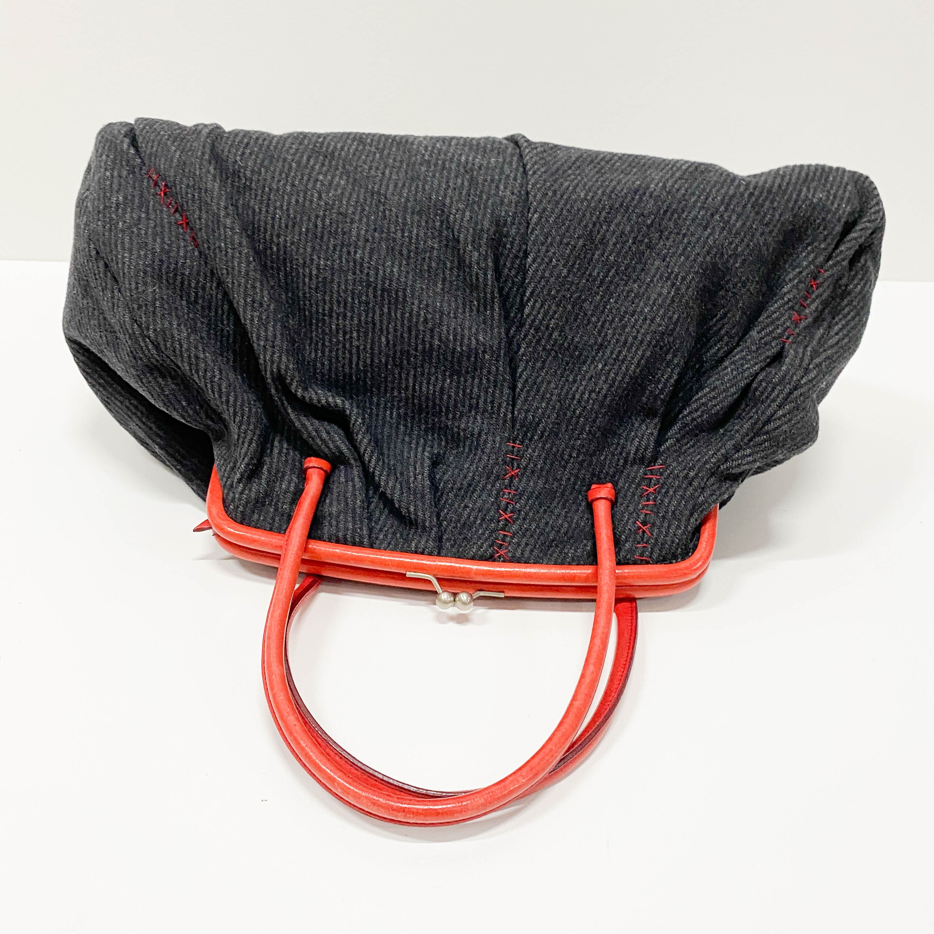 Black Wool & Red Leather Shoulder Bag