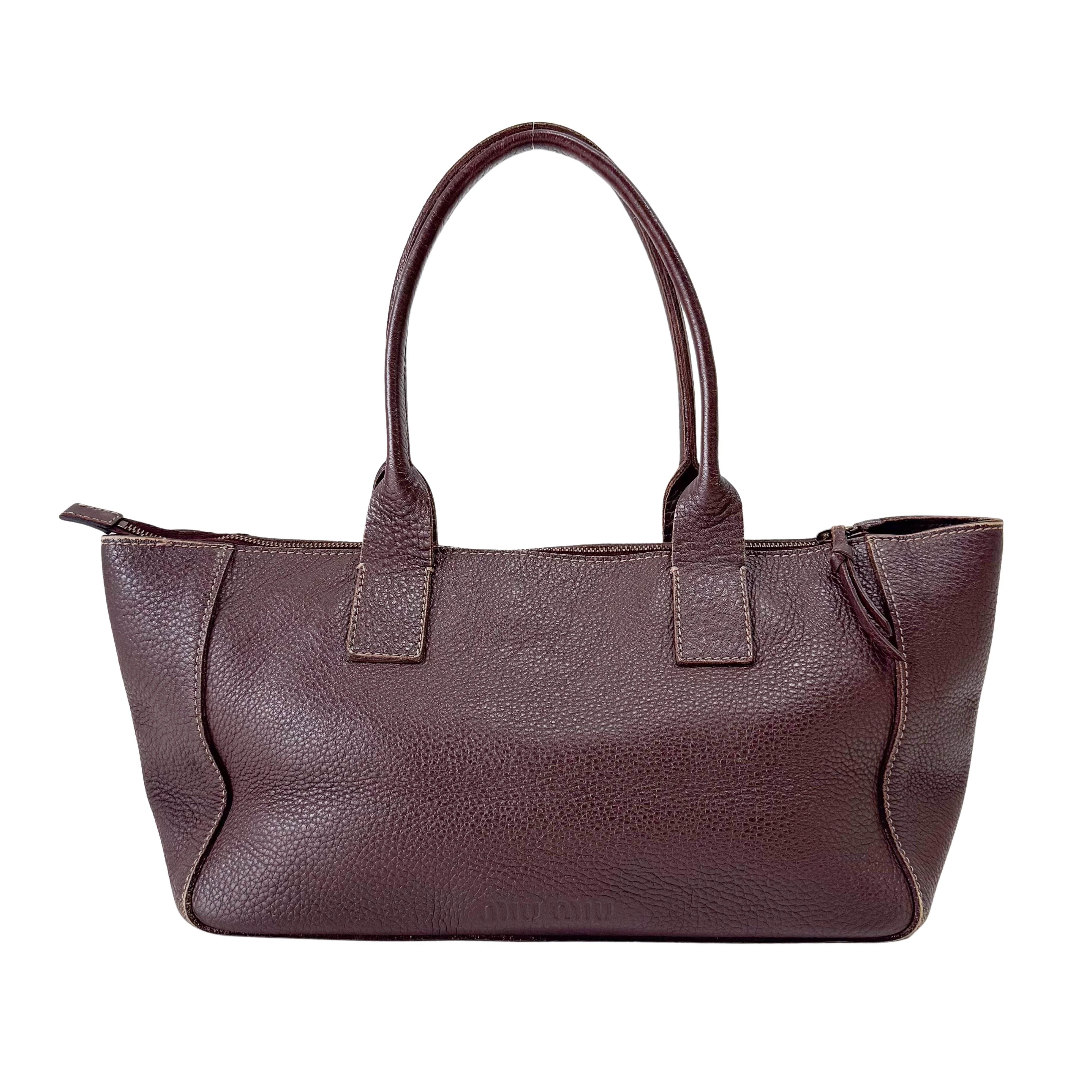 Brown Grained Calfskin Leather Shoulder Bag