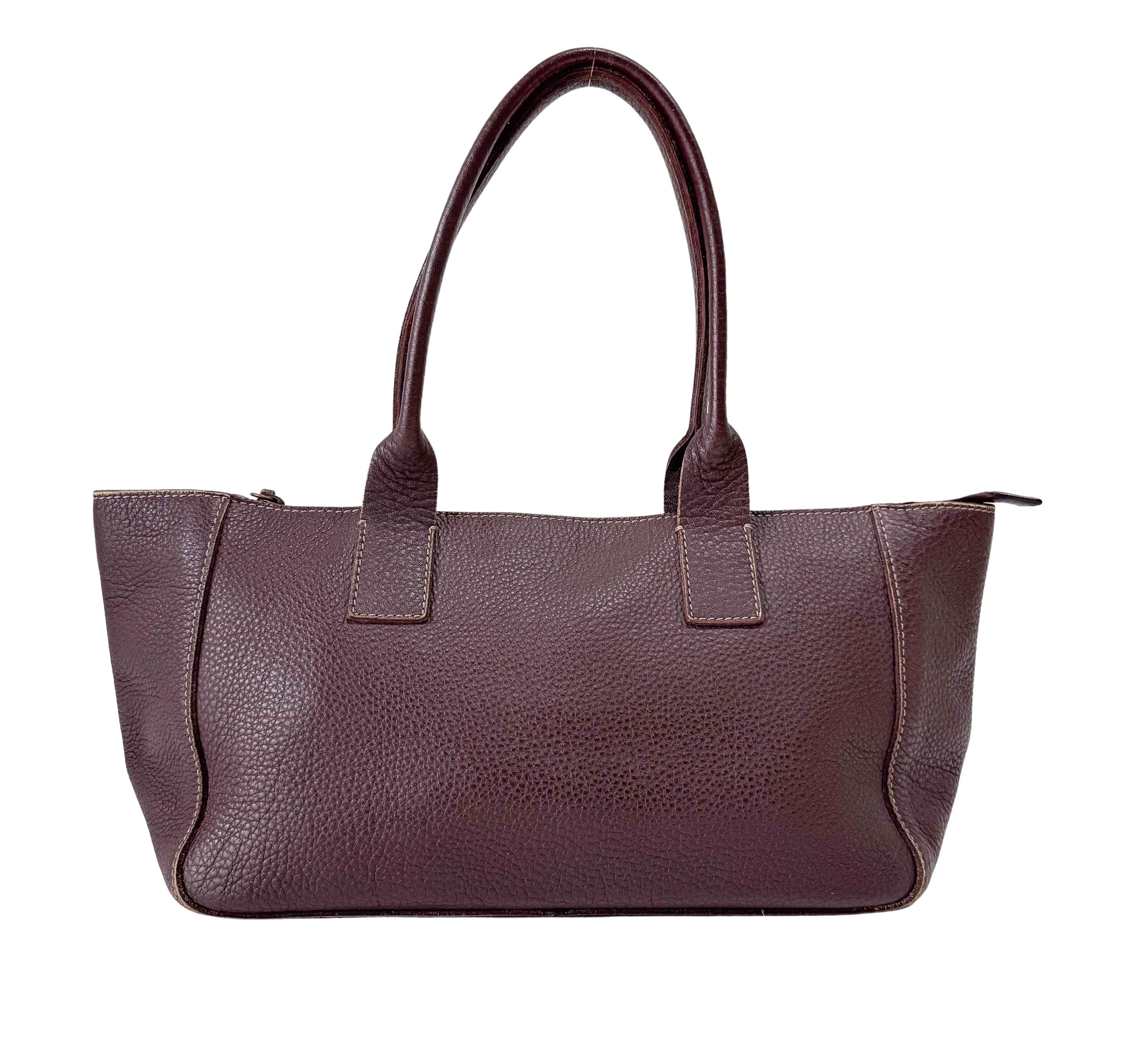 Brown Grained Calfskin Leather Shoulder Bag