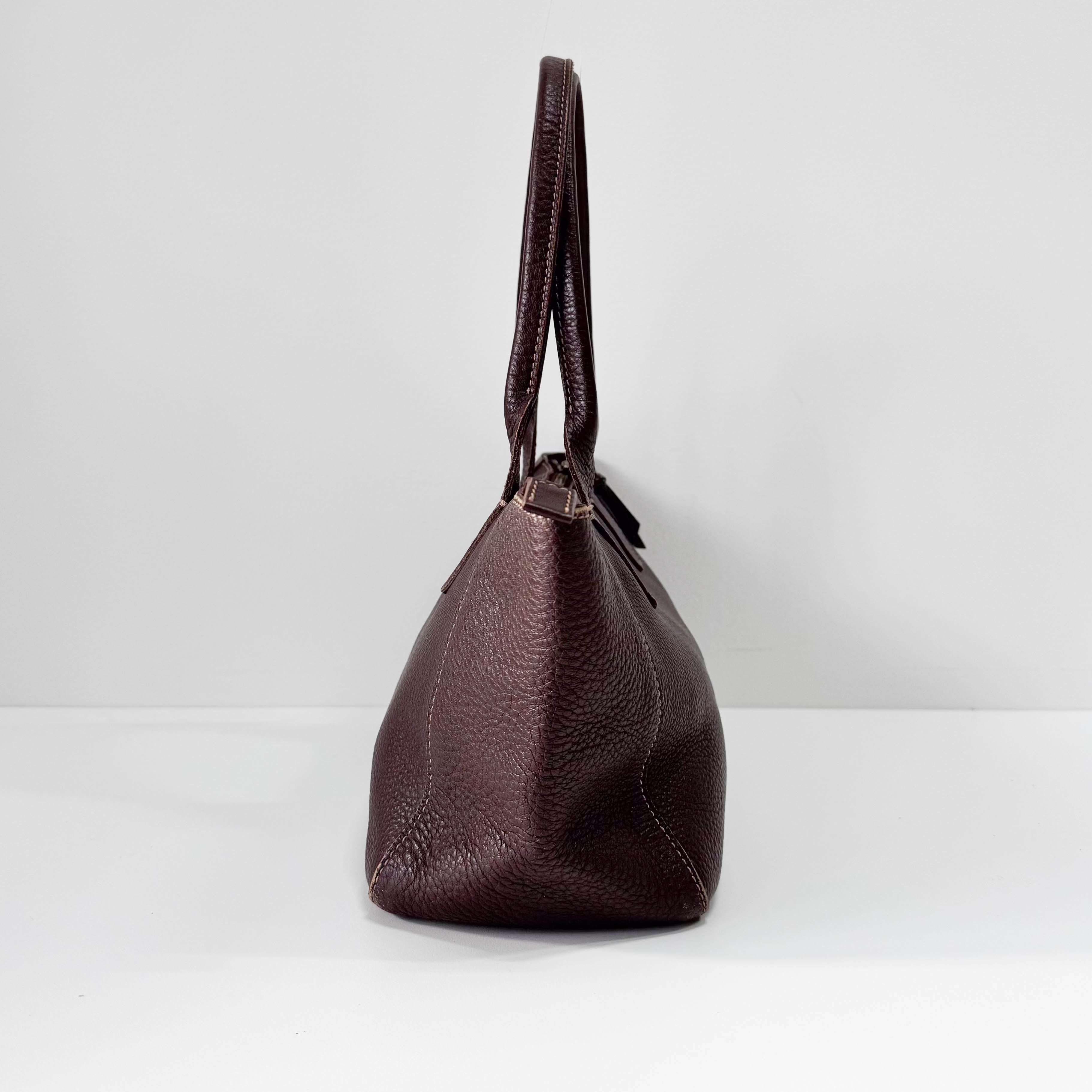 Brown Grained Calfskin Leather Shoulder Bag