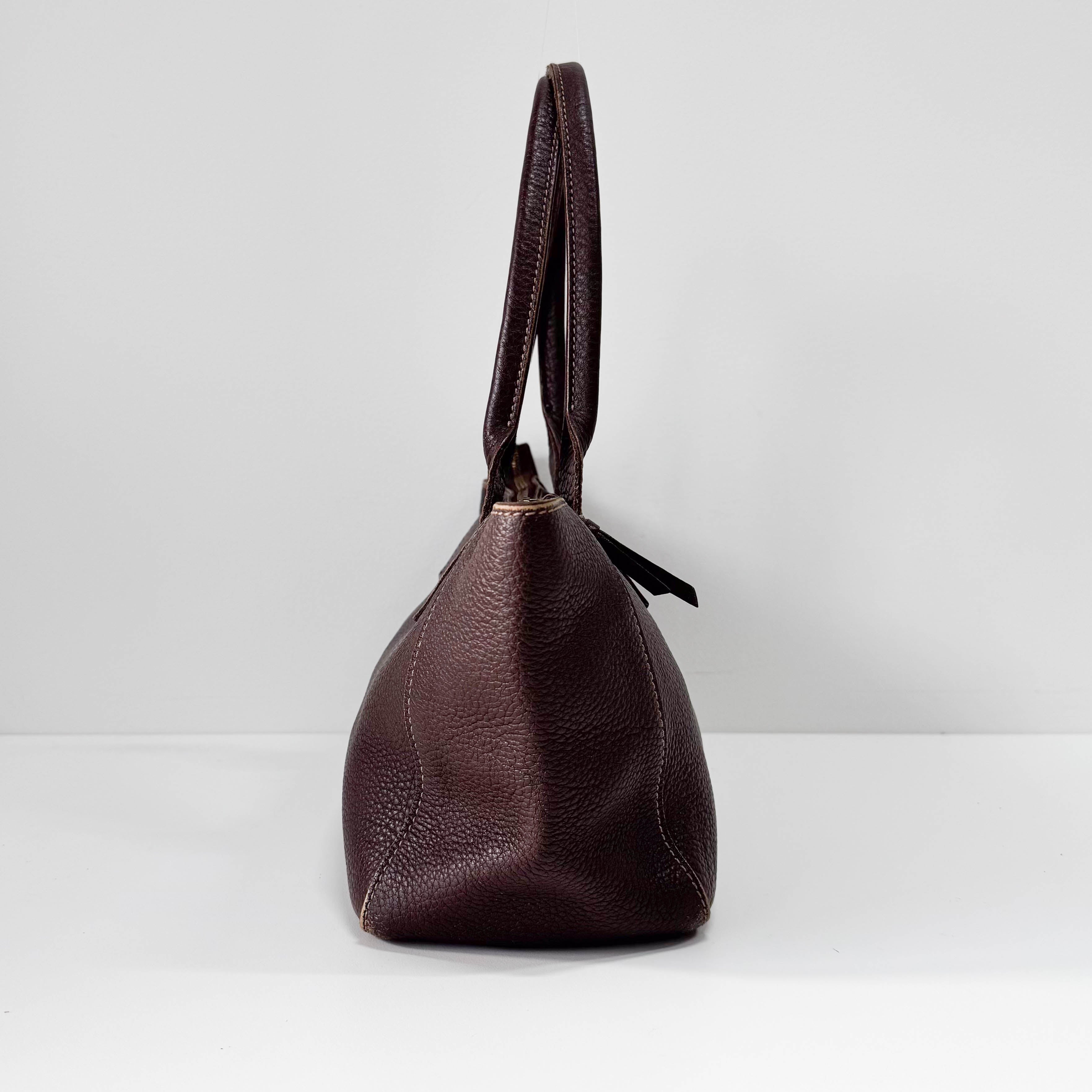 Brown Grained Calfskin Leather Shoulder Bag