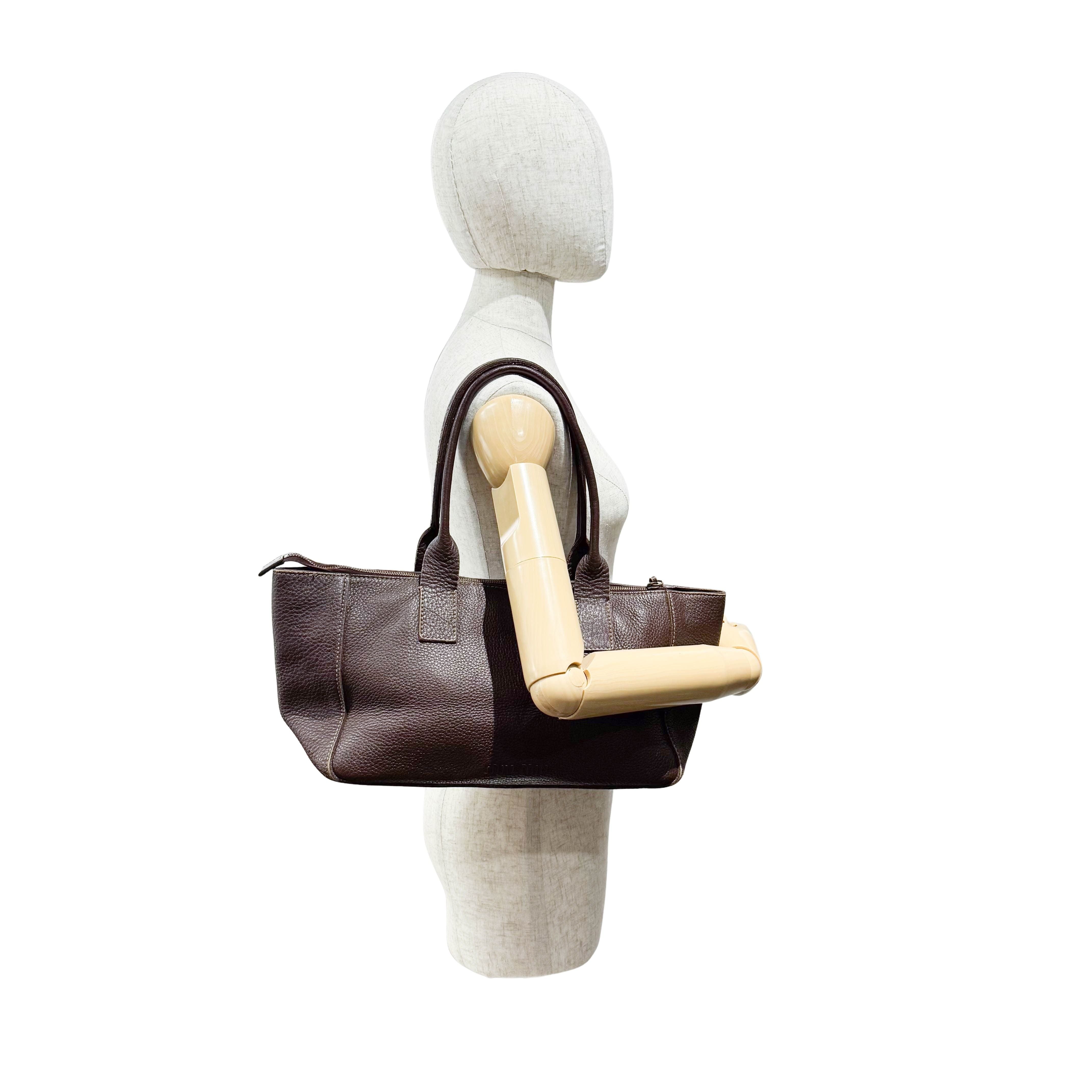 Brown Grained Calfskin Leather Shoulder Bag