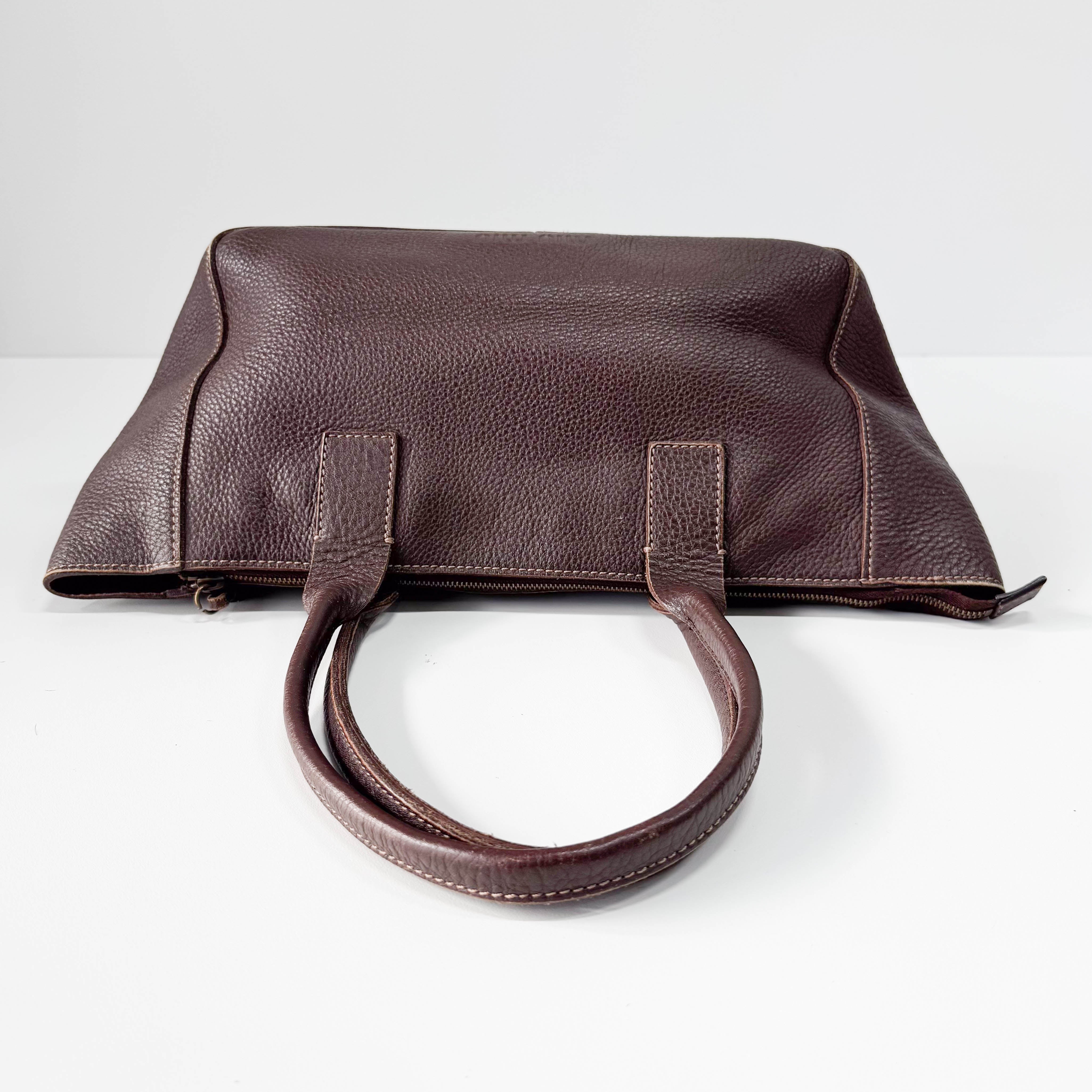 Brown Grained Calfskin Leather Shoulder Bag
