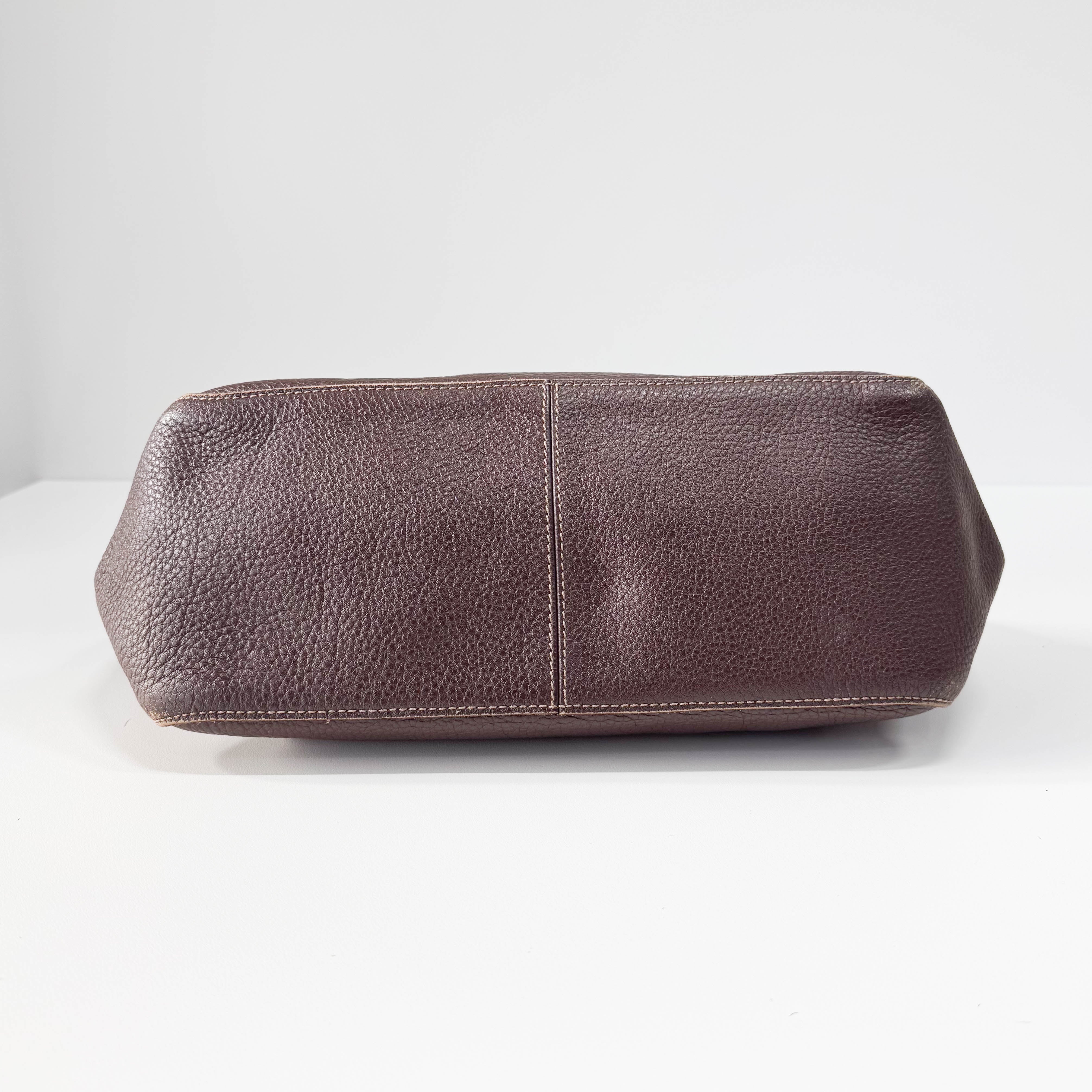 Brown Grained Calfskin Leather Shoulder Bag