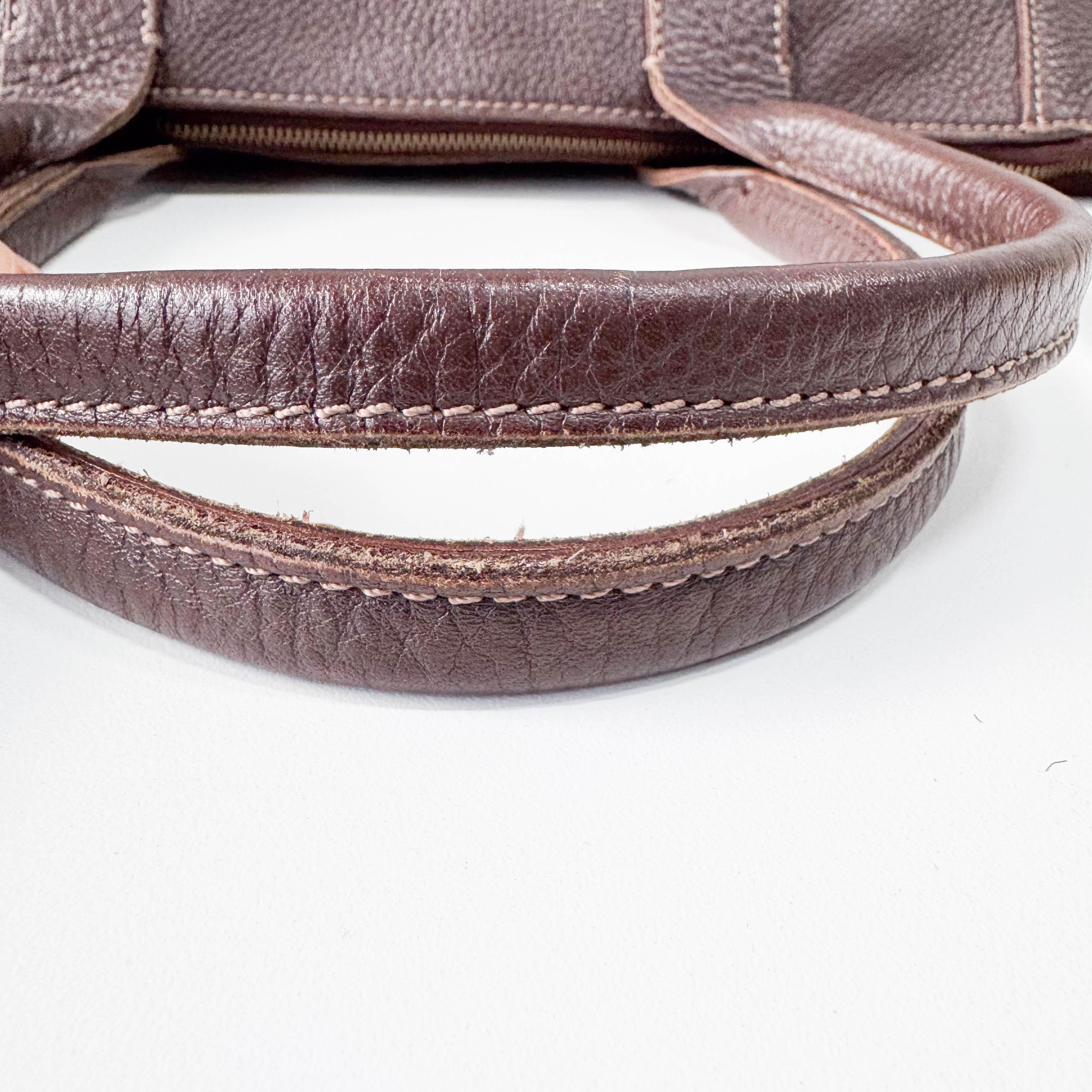 Brown Grained Calfskin Leather Shoulder Bag