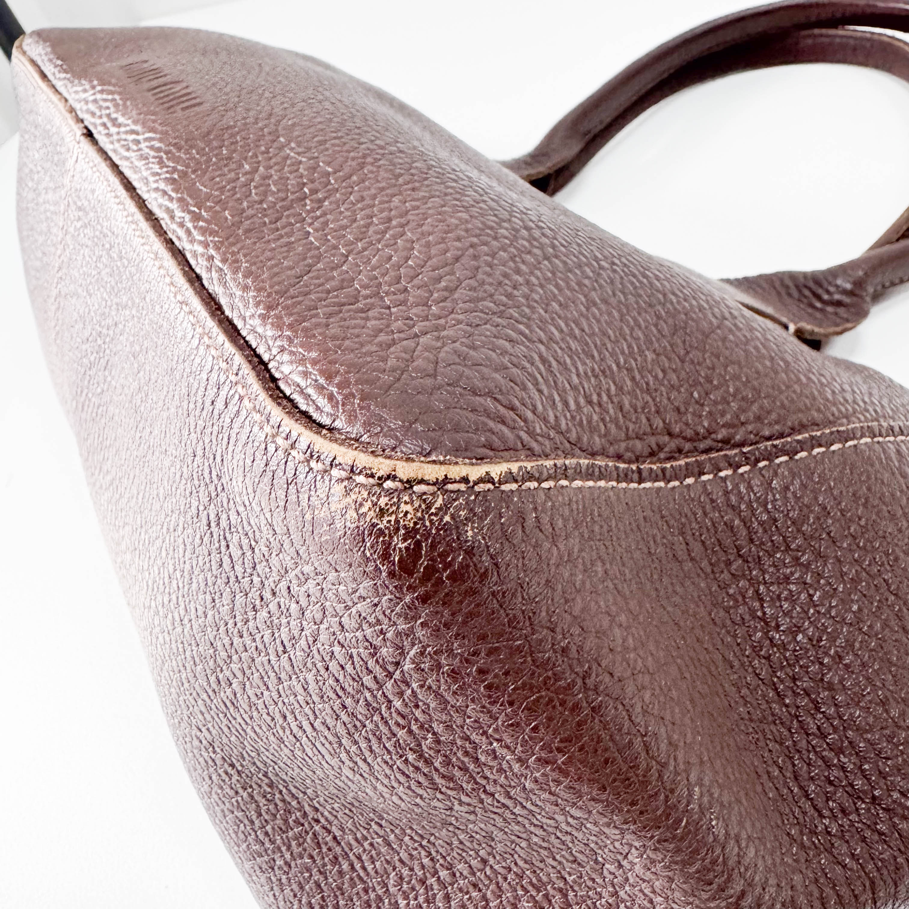 Brown Grained Calfskin Leather Shoulder Bag