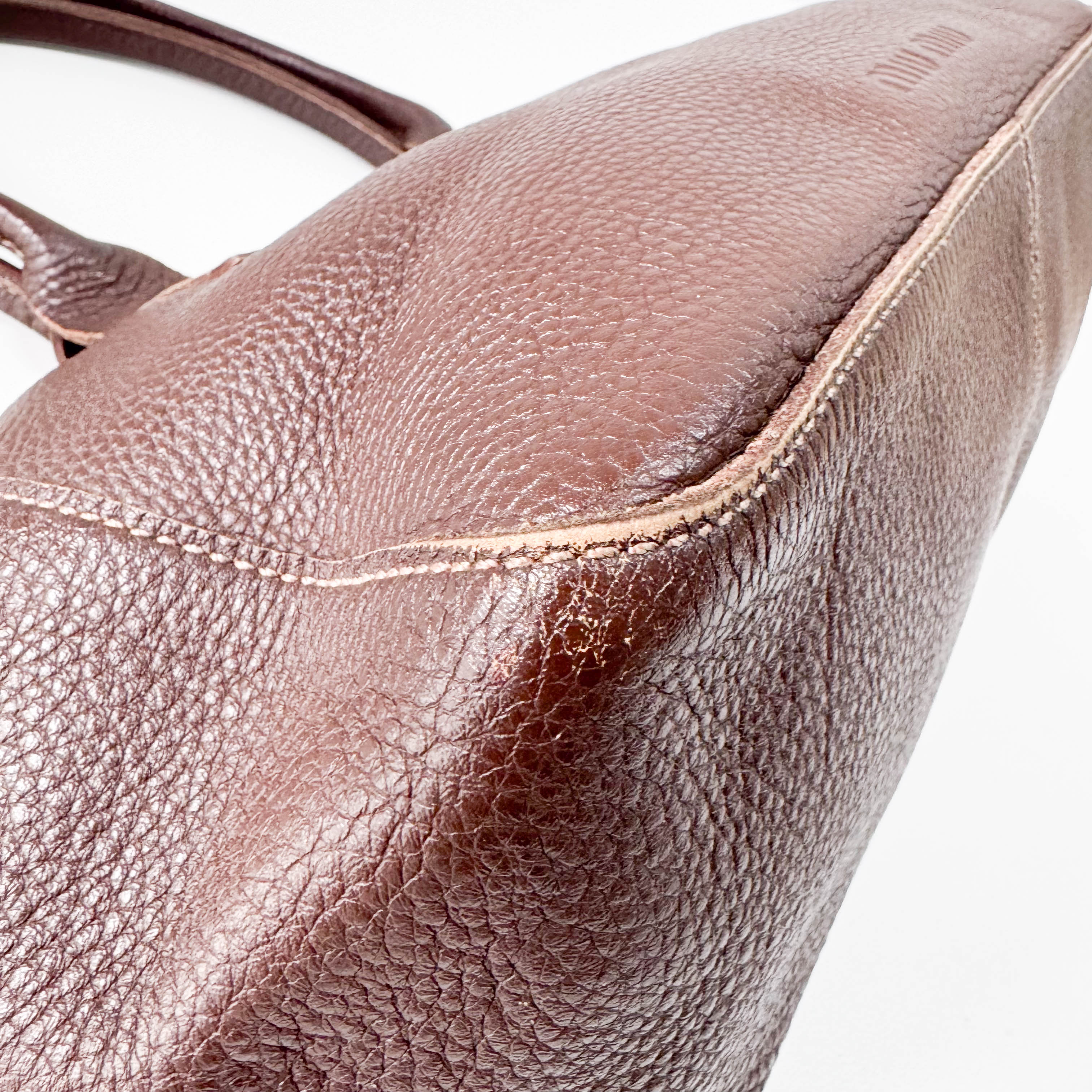 Brown Grained Calfskin Leather Shoulder Bag
