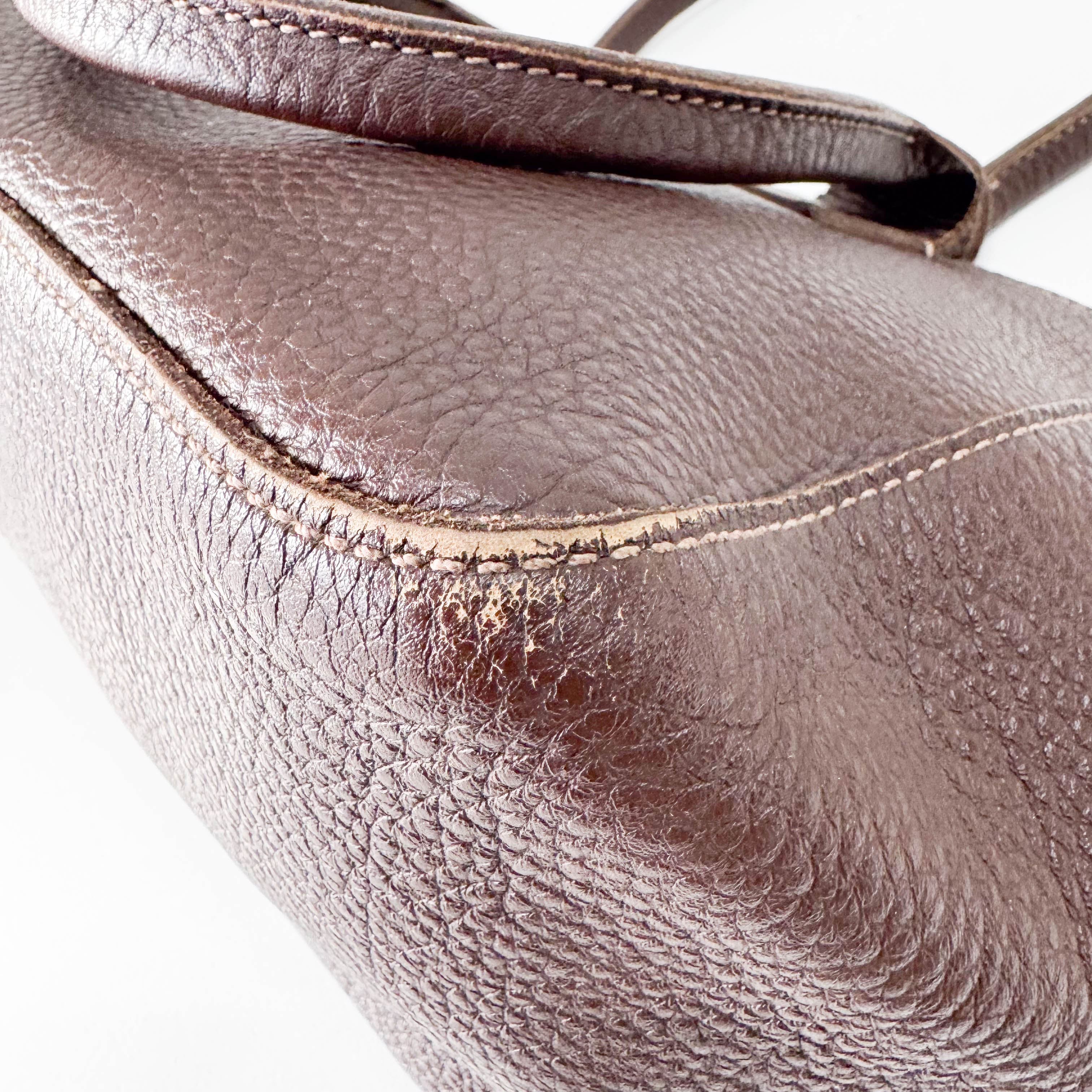 Brown Grained Calfskin Leather Shoulder Bag