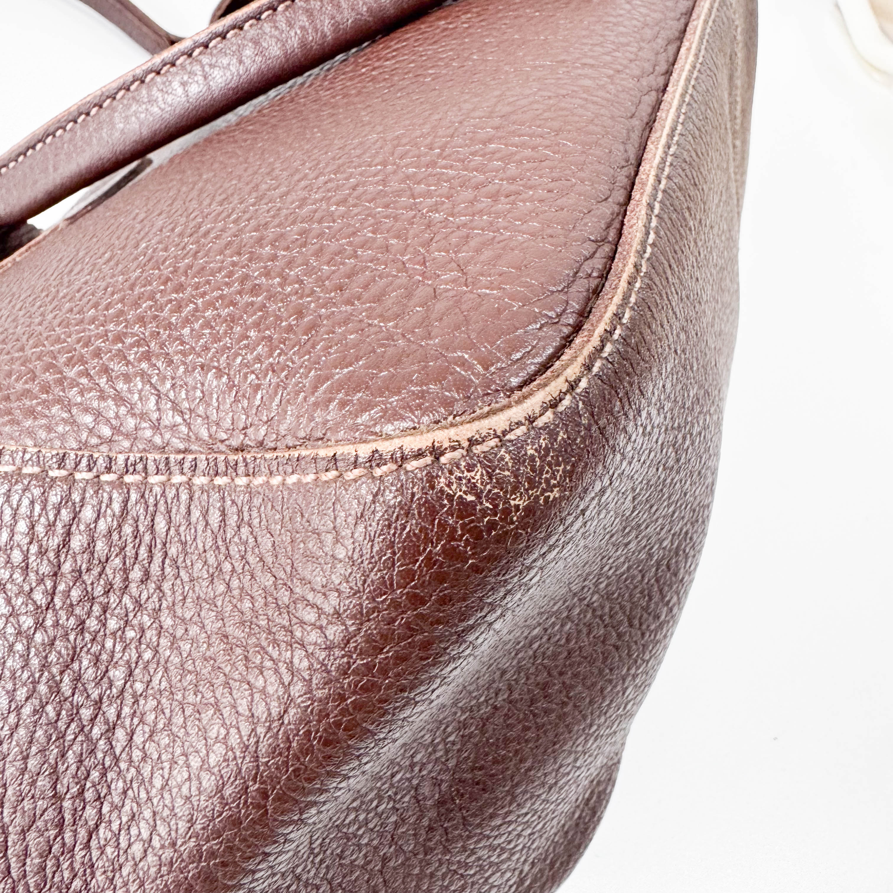 Brown Grained Calfskin Leather Shoulder Bag