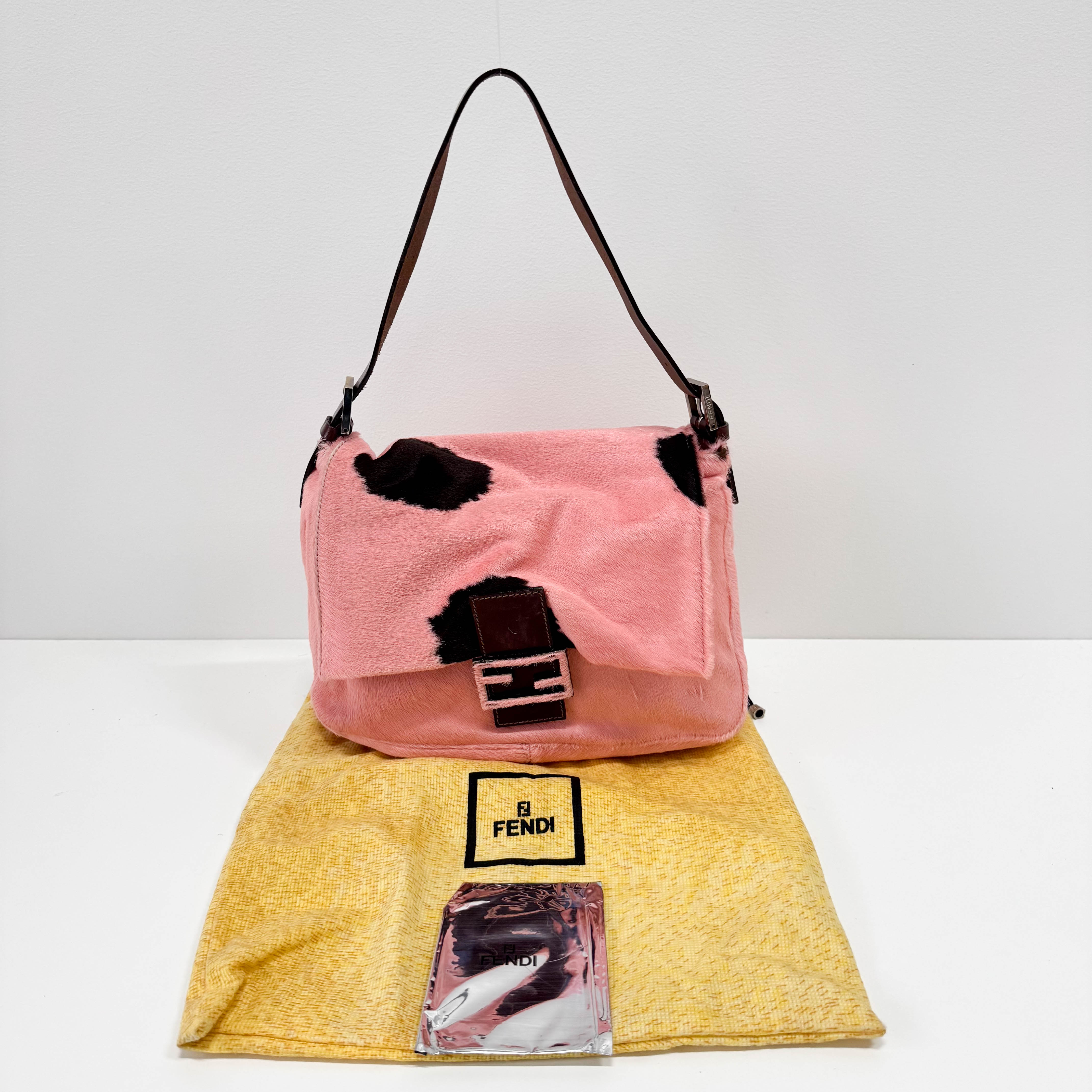 Mamma Baguette Pink Pony Hair Cow Print Shoulder Bag
