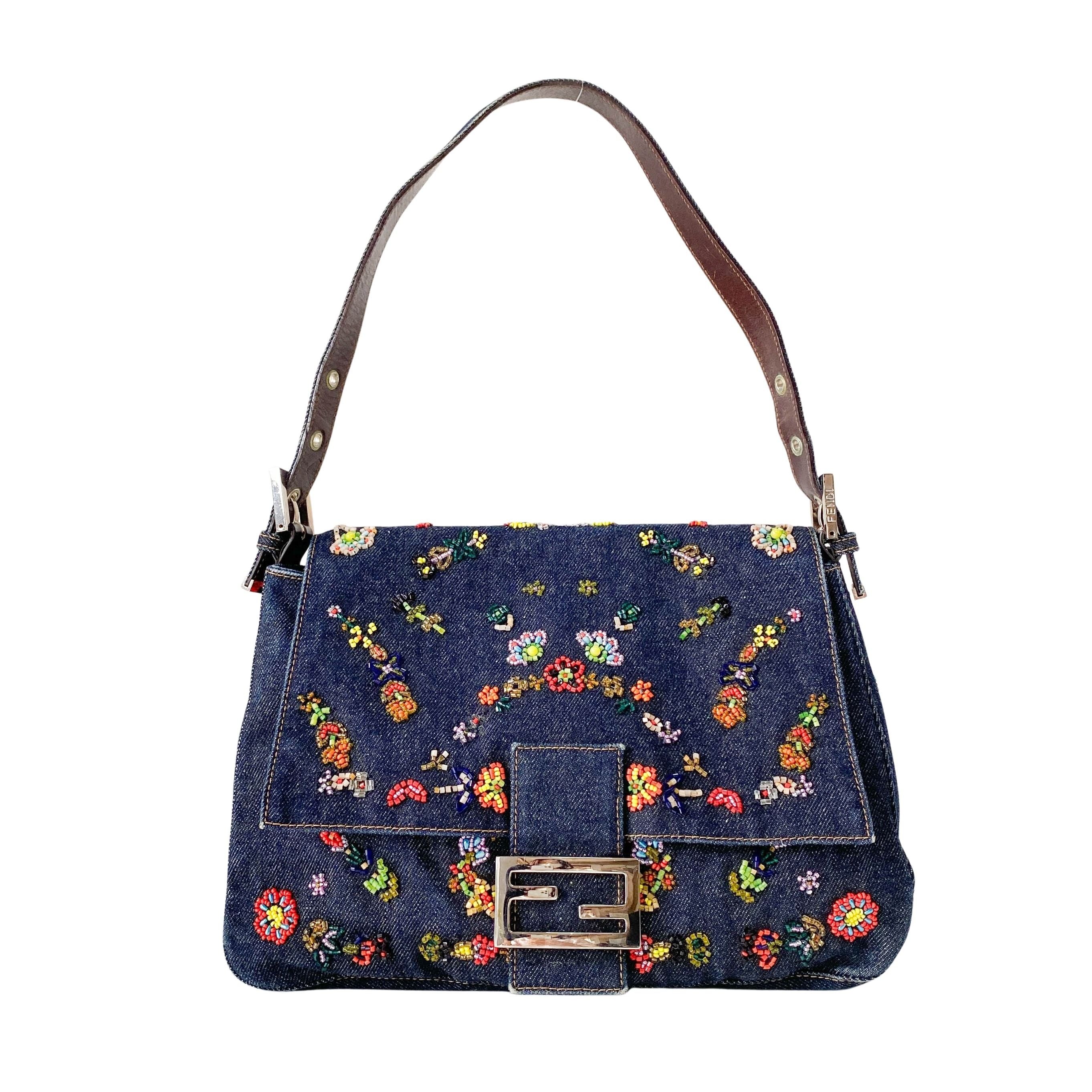 Mamma Baguette Embroidered Blue Denim Shoulder Bag