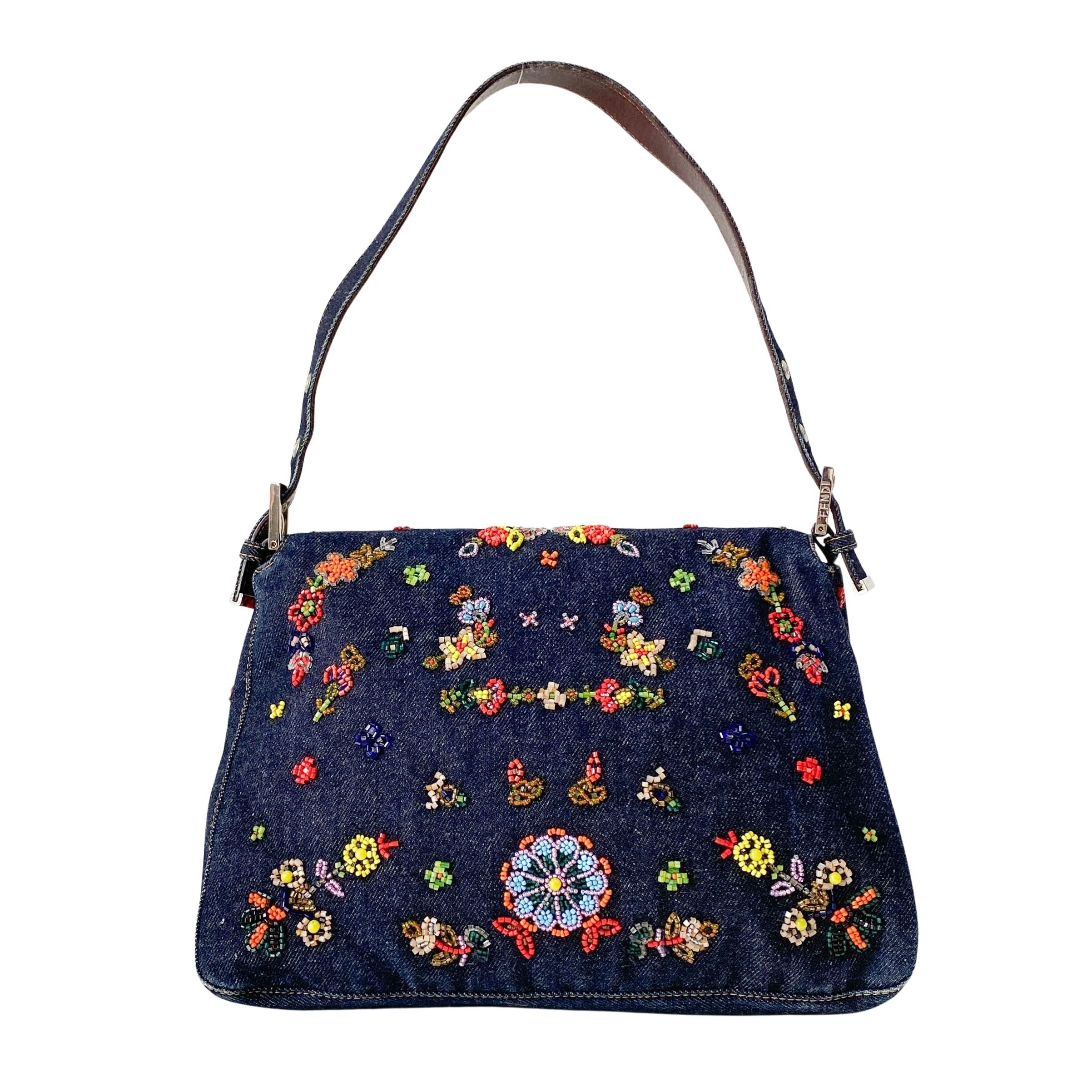 Mamma Baguette Embroidered Blue Denim Shoulder Bag