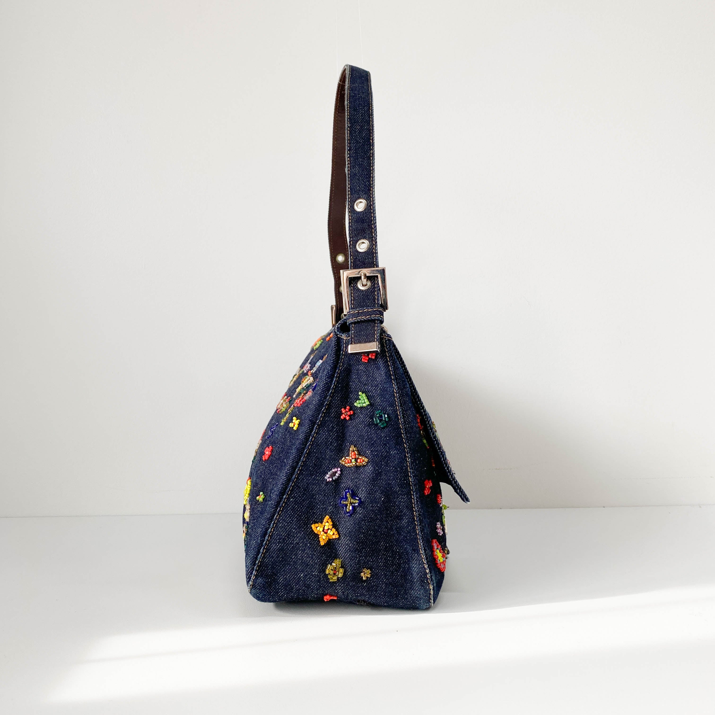 Mamma Baguette Embroidered Blue Denim Shoulder Bag
