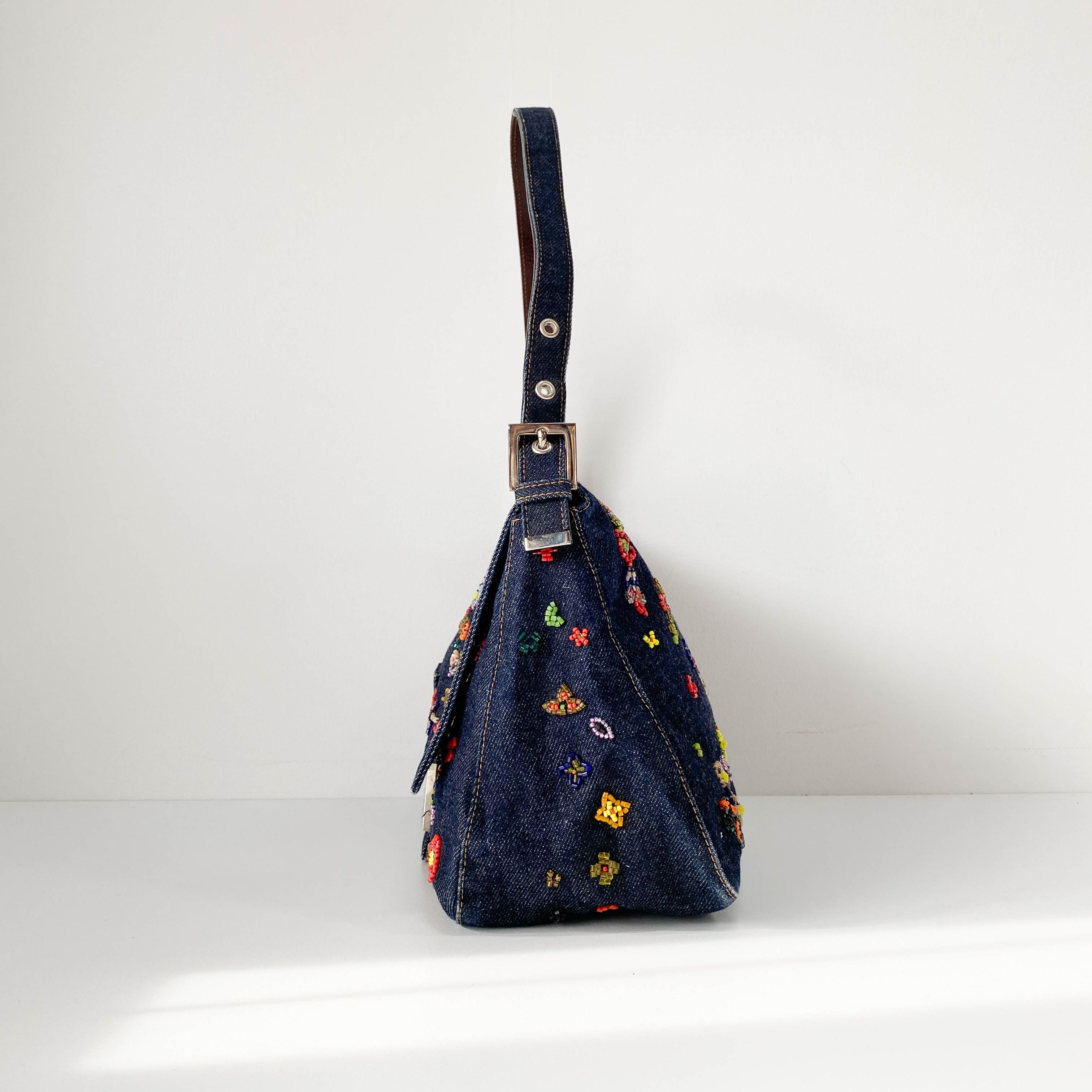 Mamma Baguette Embroidered Blue Denim Shoulder Bag