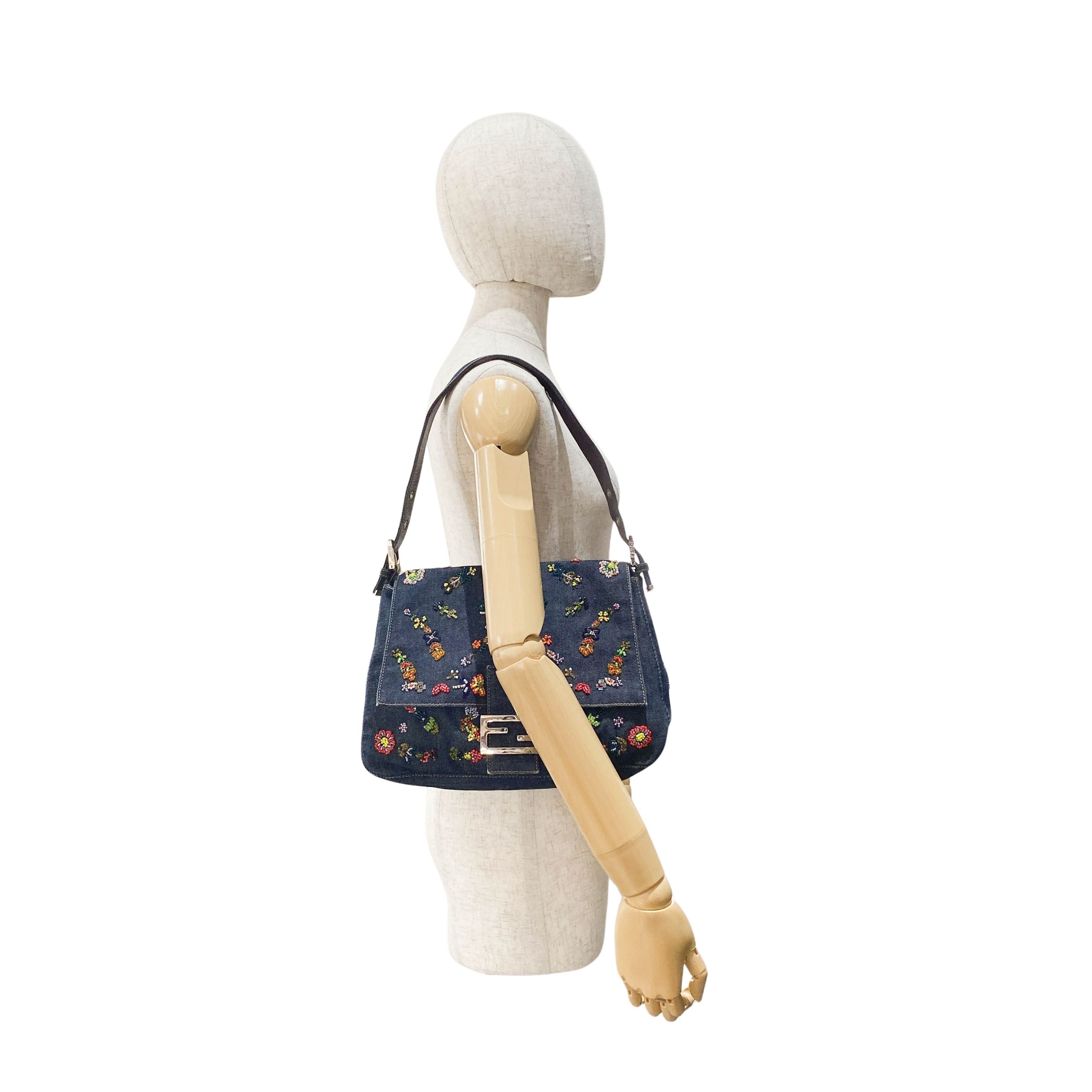 Mamma Baguette Embroidered Blue Denim Shoulder Bag