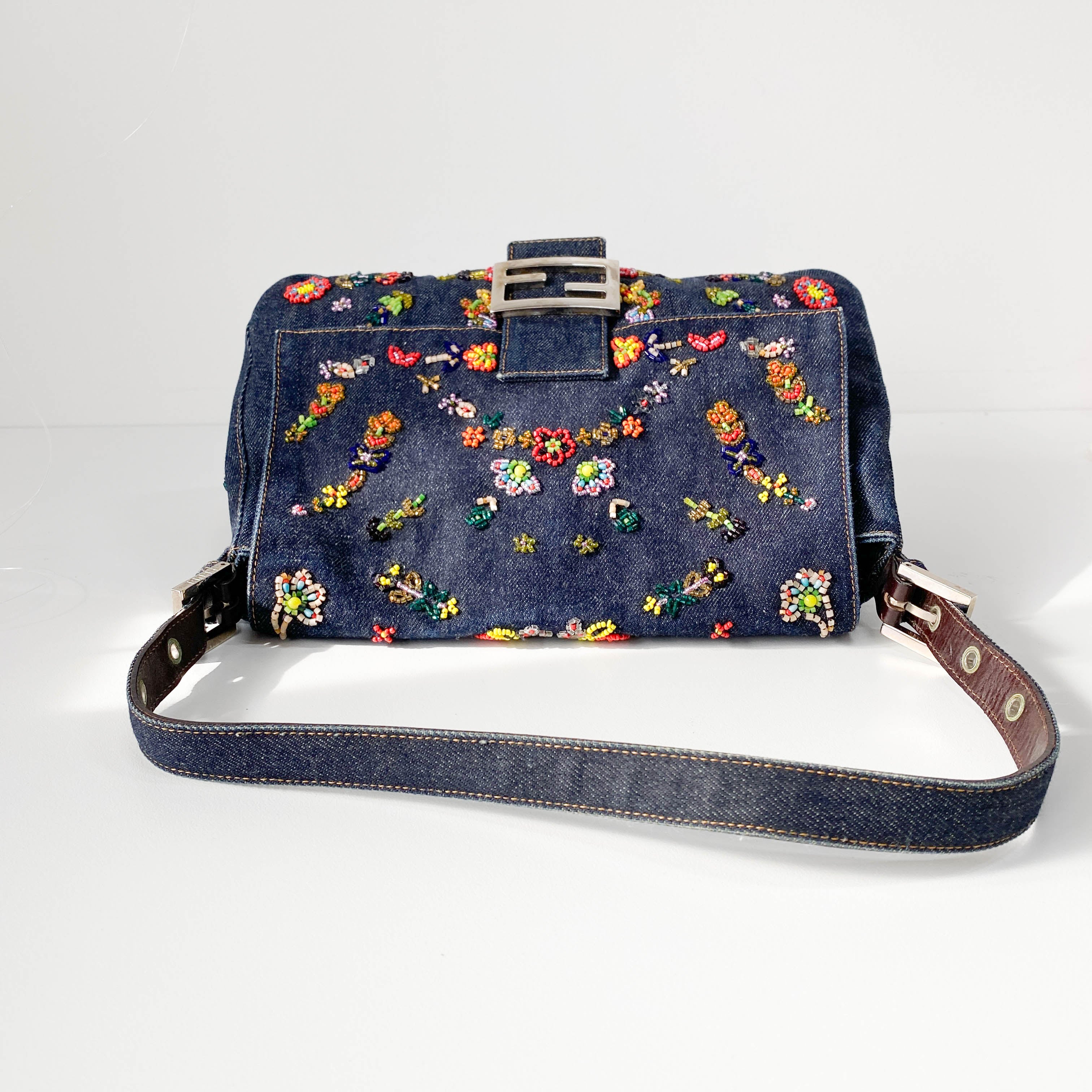 Mamma Baguette Embroidered Blue Denim Shoulder Bag