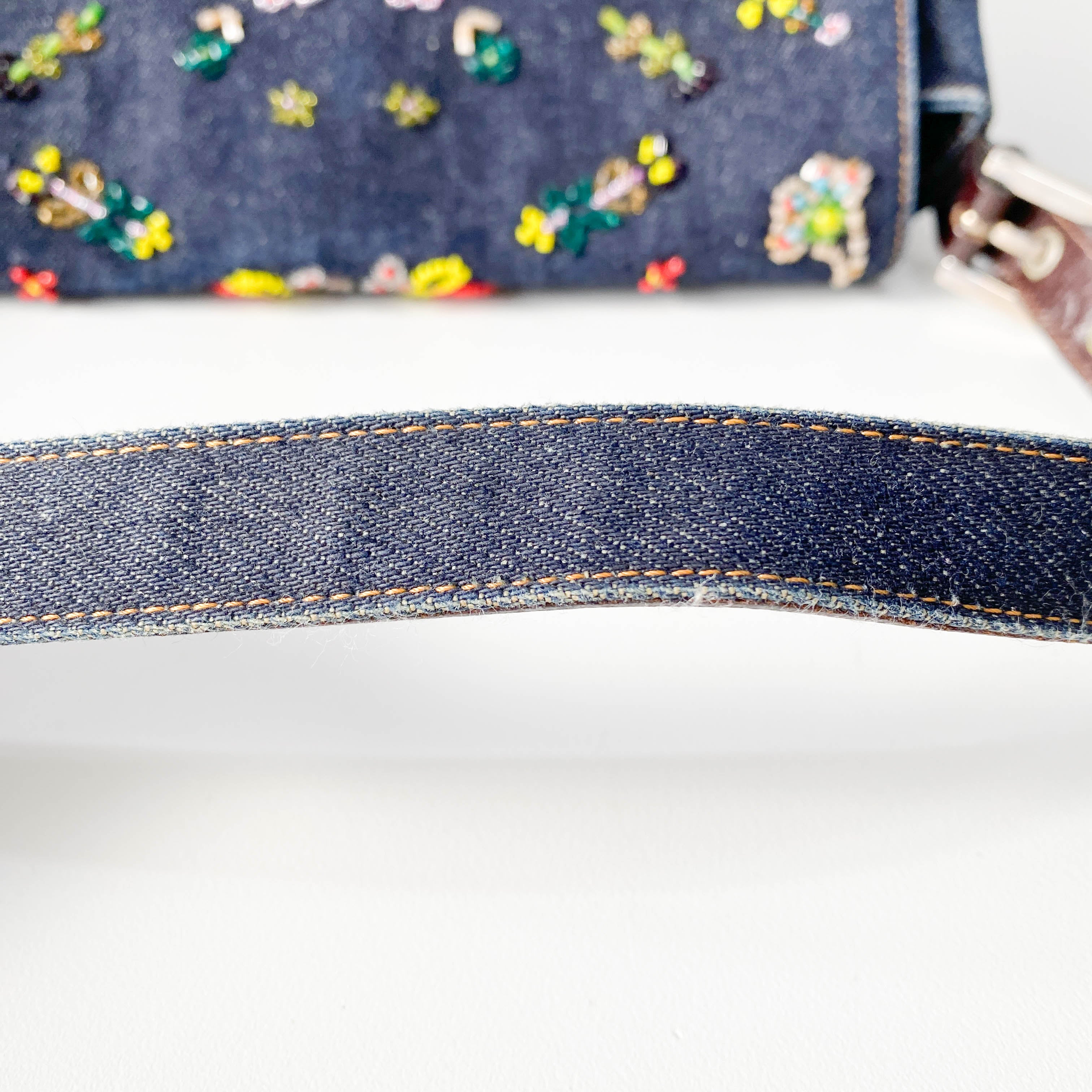 Mamma Baguette Embroidered Blue Denim Shoulder Bag