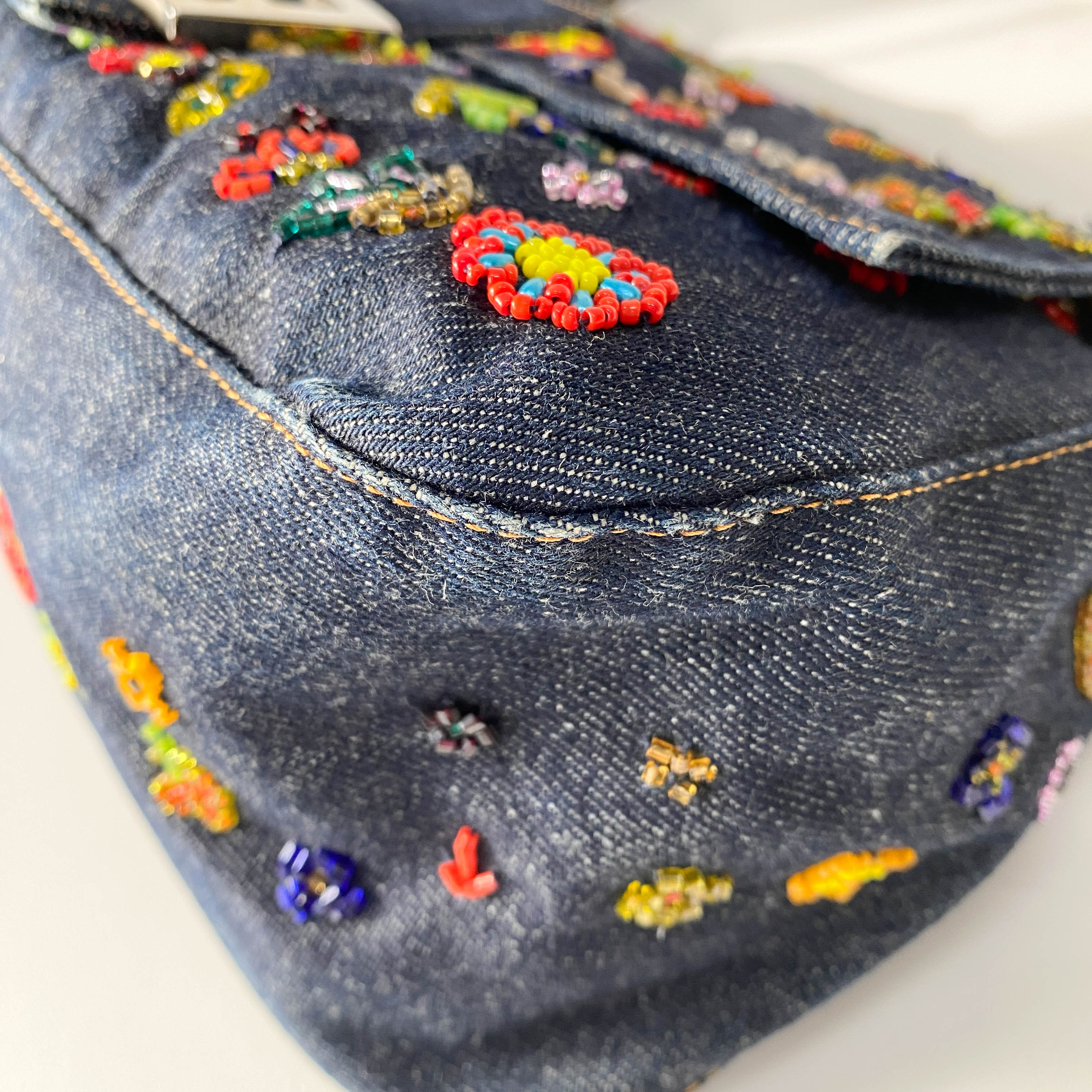 Mamma Baguette Embroidered Blue Denim Shoulder Bag