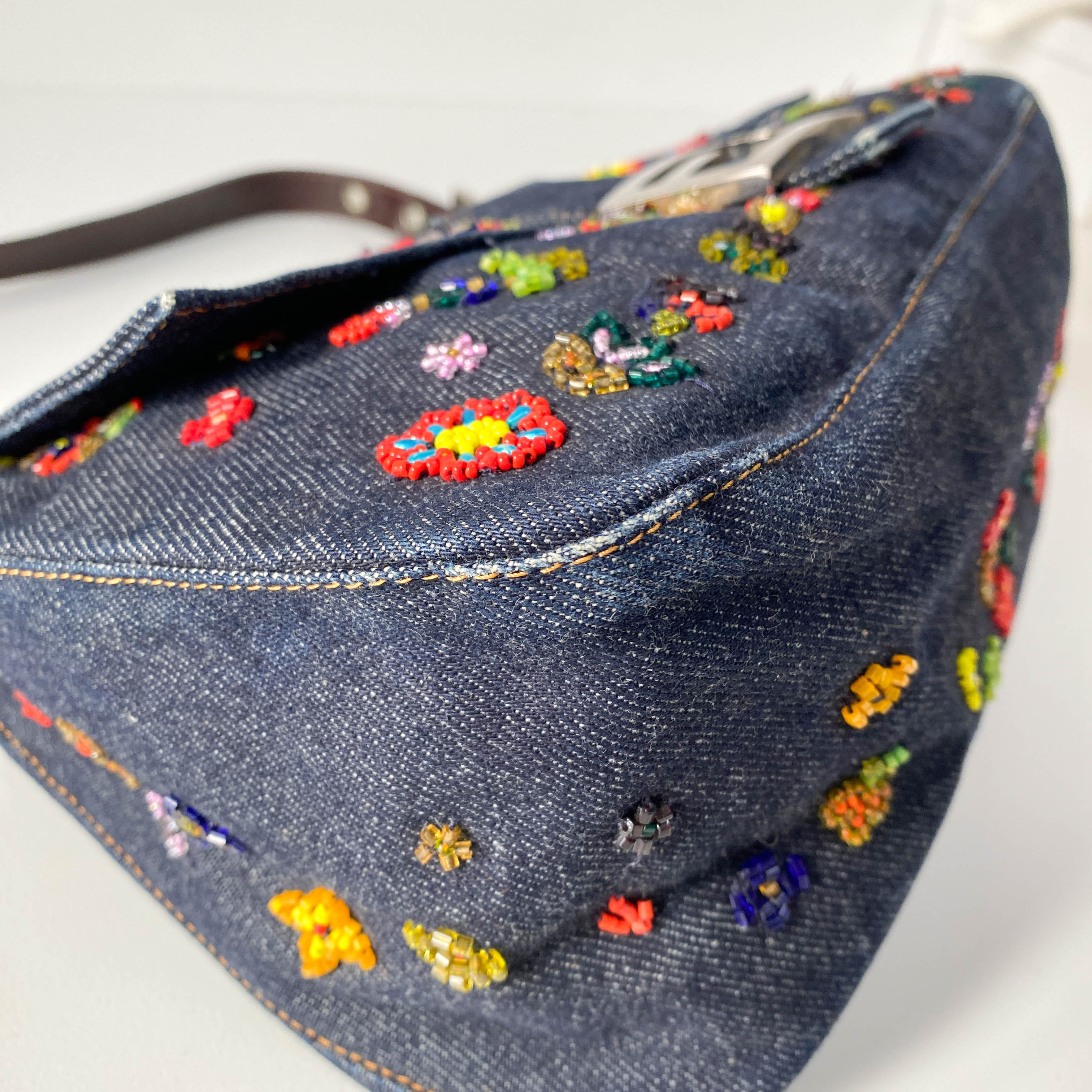 Mamma Baguette Embroidered Blue Denim Shoulder Bag