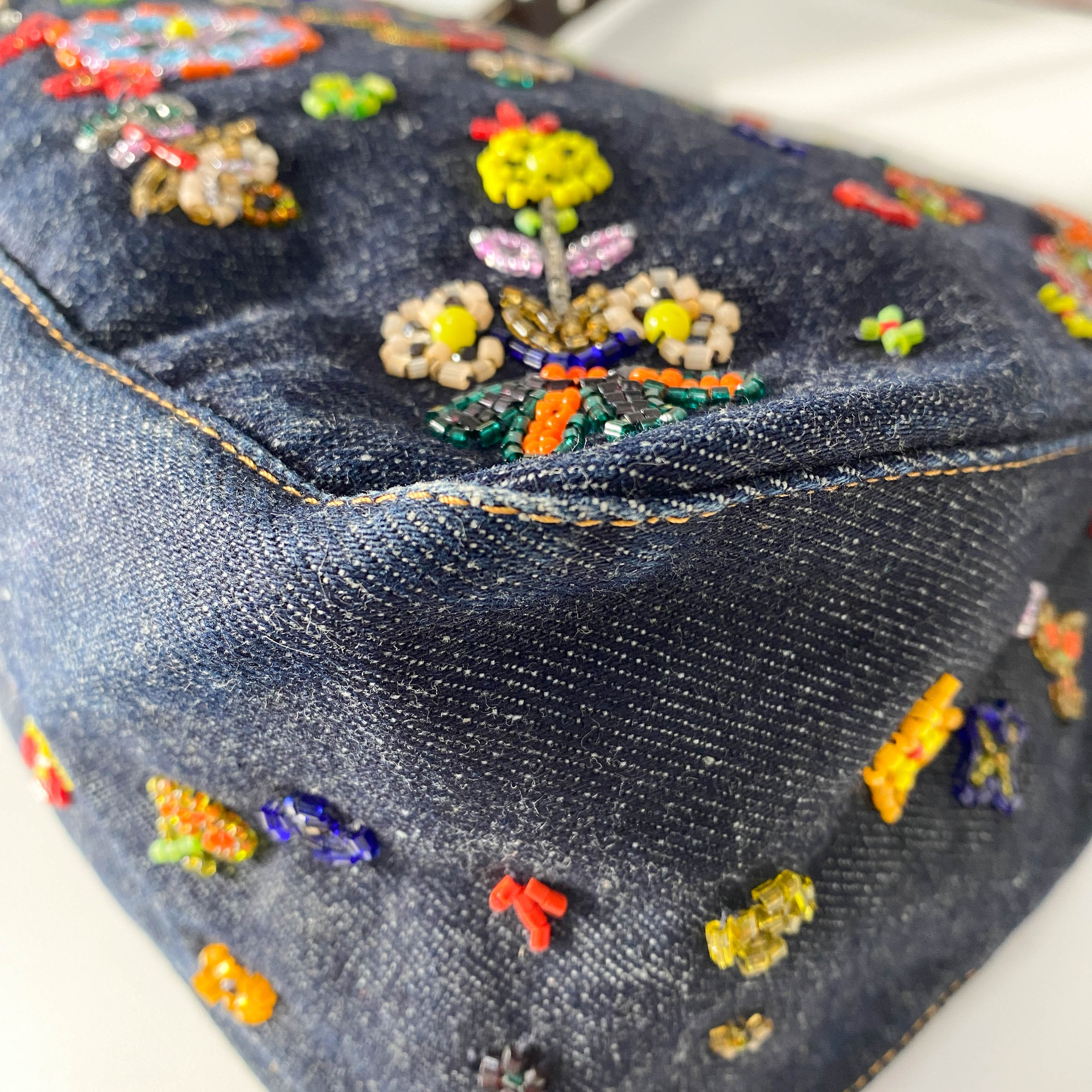 Mamma Baguette Embroidered Blue Denim Shoulder Bag