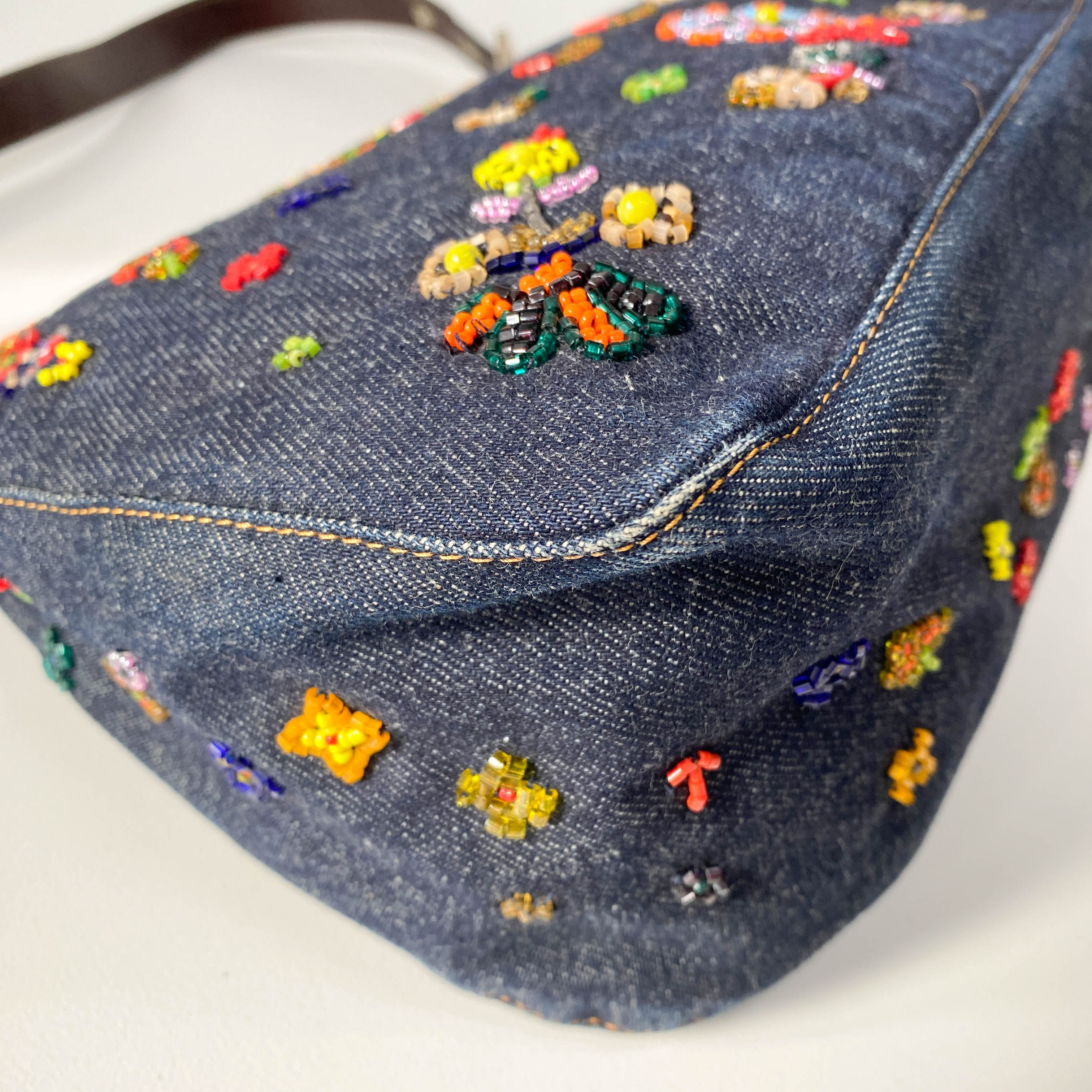 Mamma Baguette Embroidered Blue Denim Shoulder Bag