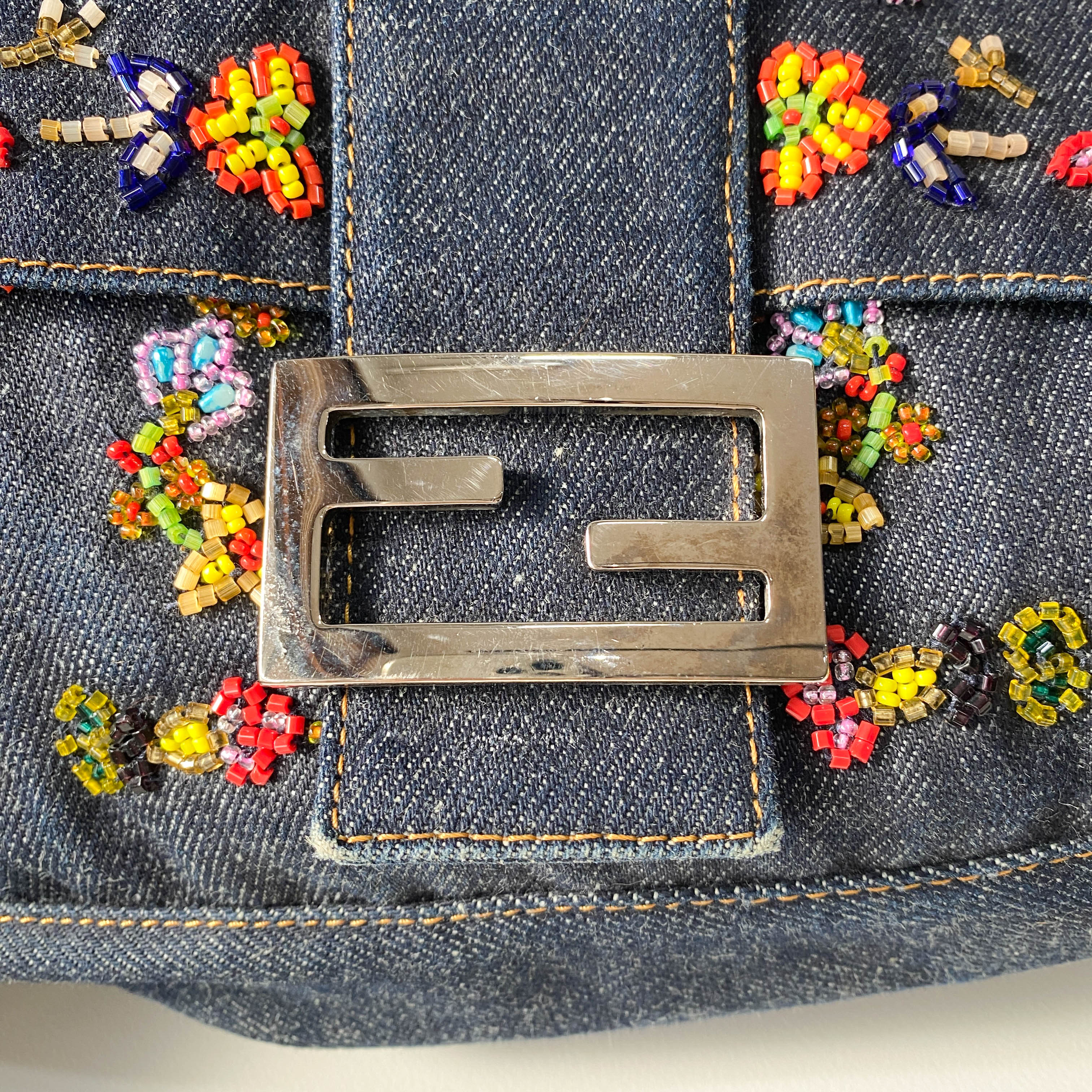 Mamma Baguette Embroidered Blue Denim Shoulder Bag