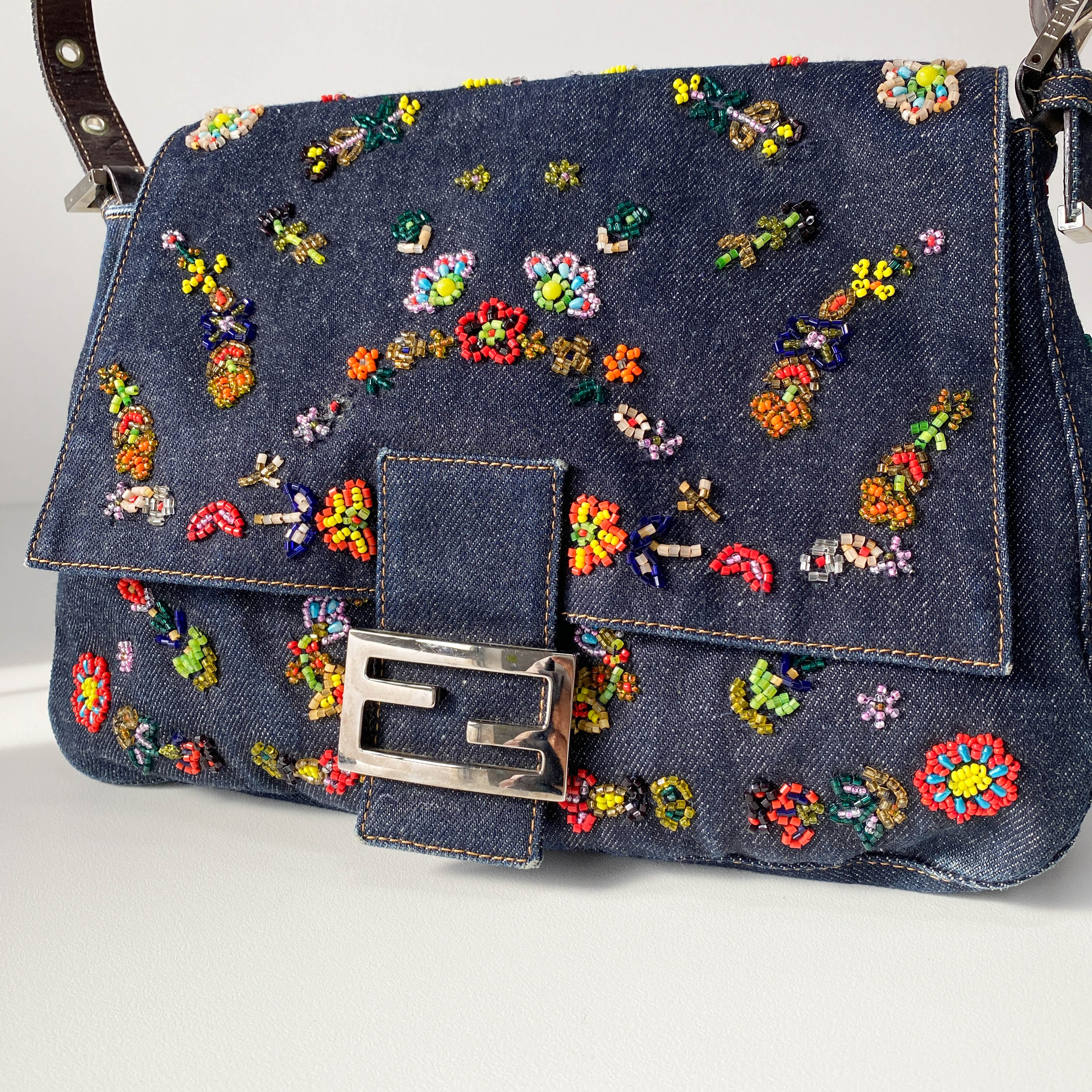 Mamma Baguette Embroidered Blue Denim Shoulder Bag