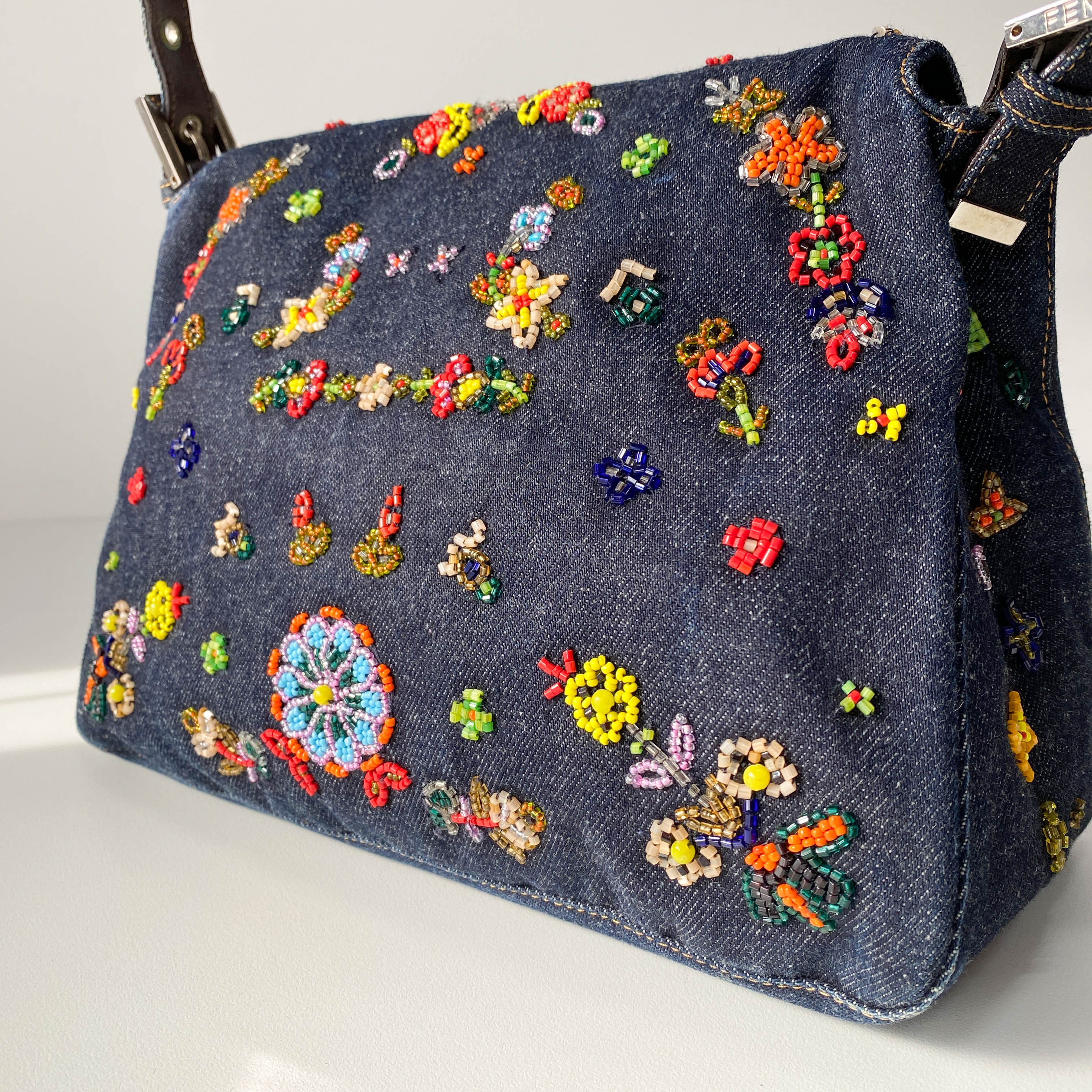 Mamma Baguette Embroidered Blue Denim Shoulder Bag