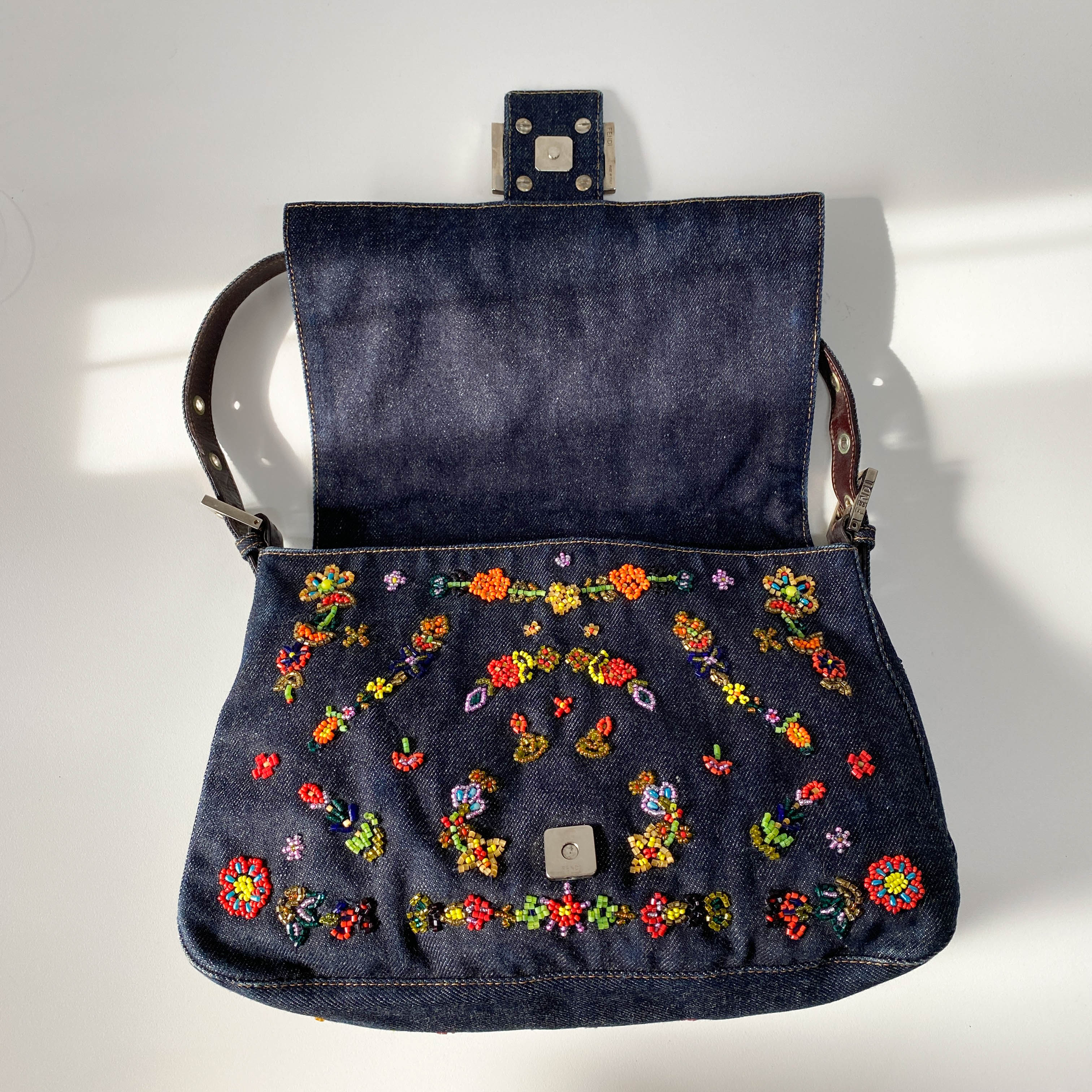 Mamma Baguette Embroidered Blue Denim Shoulder Bag
