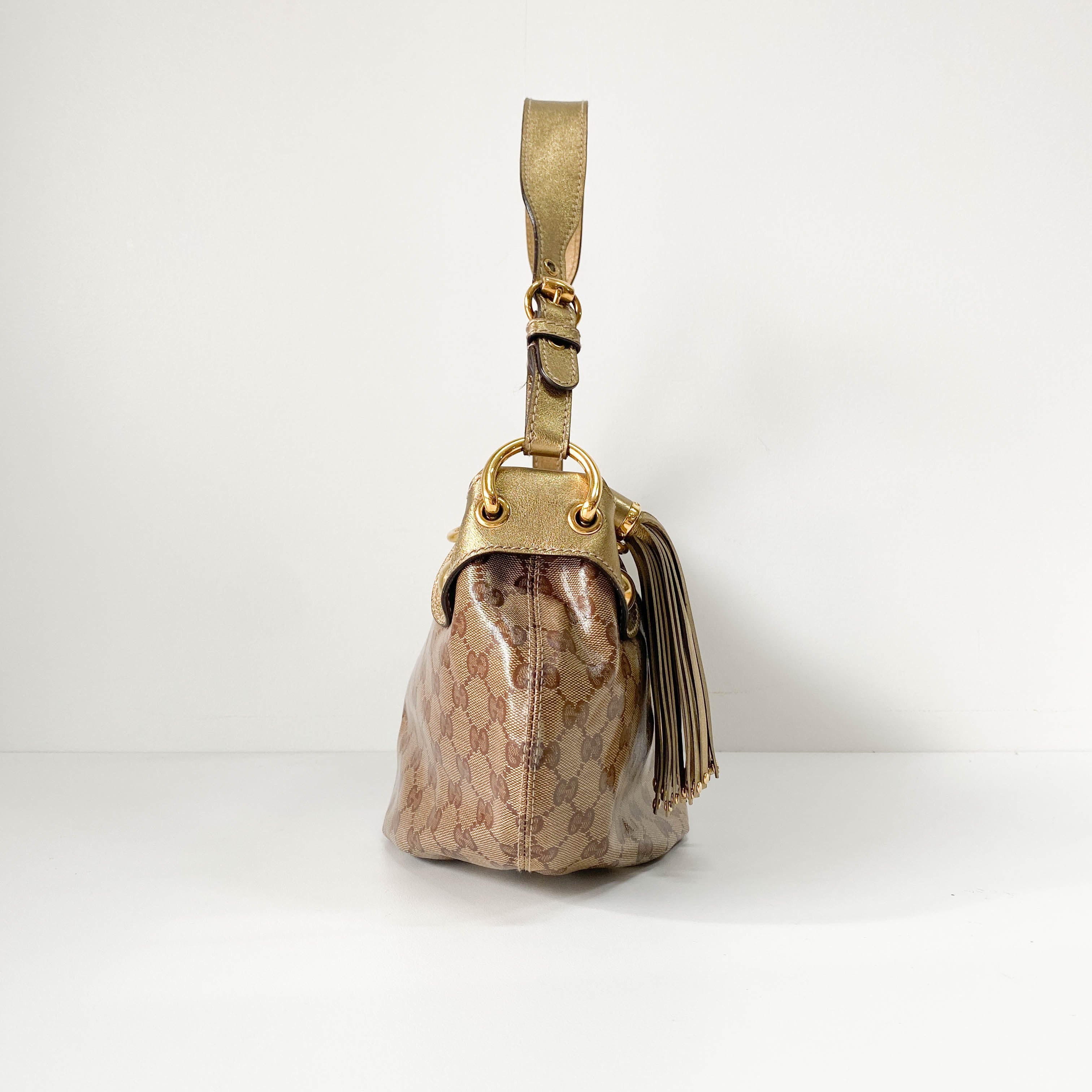 GG Yellow Coated Canvas Golden Emblem Shoulder Bag