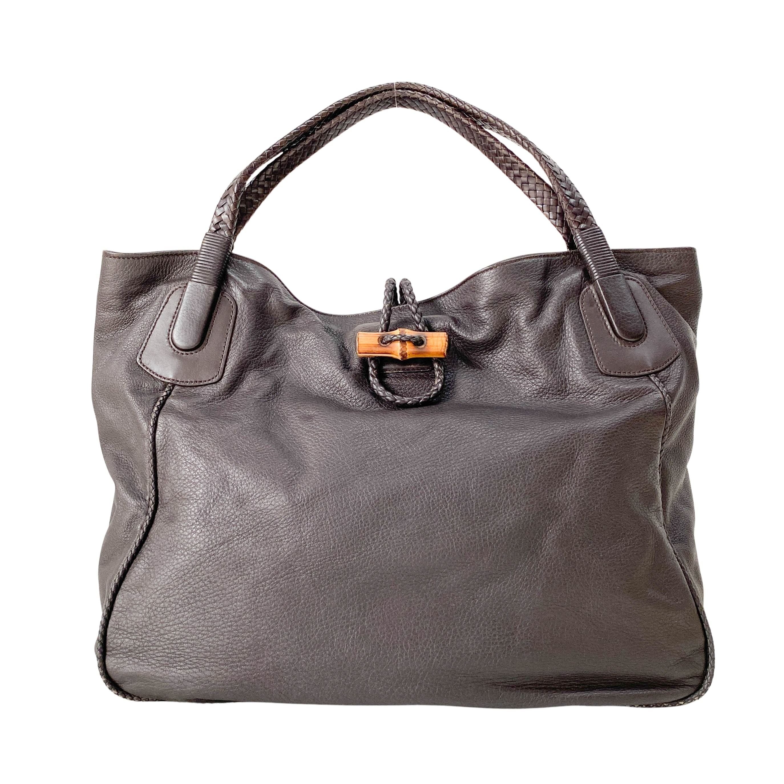 Dark Brown Grained Calfskin Leather Tote Bag