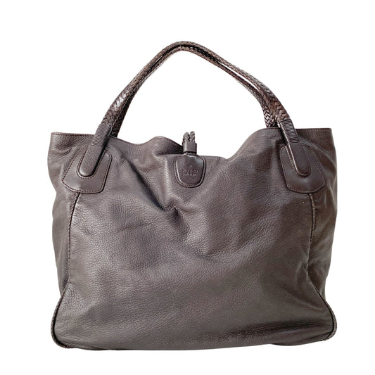 Dark Brown Grained Calfskin Leather Tote Bag