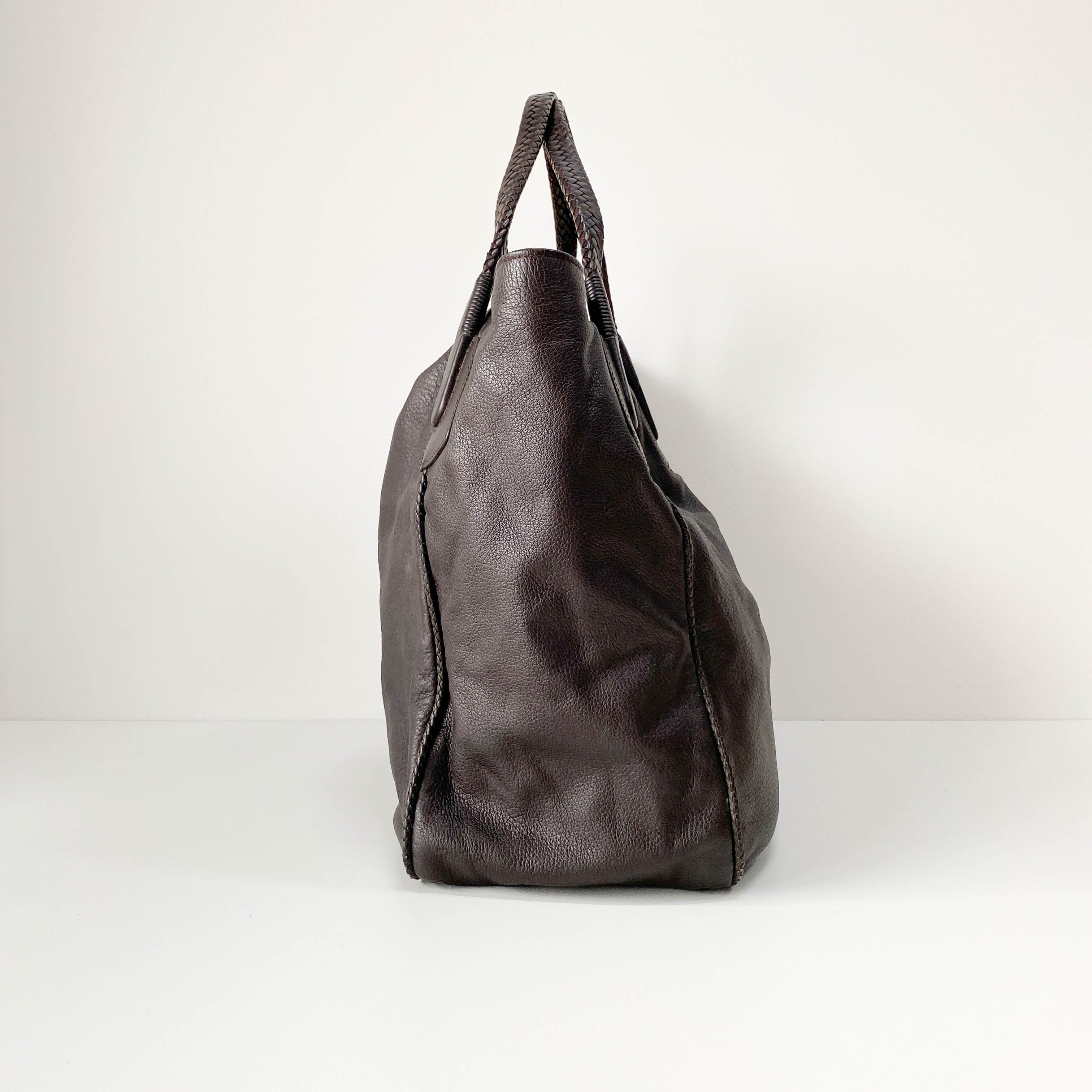 Dark Brown Grained Calfskin Leather Tote Bag
