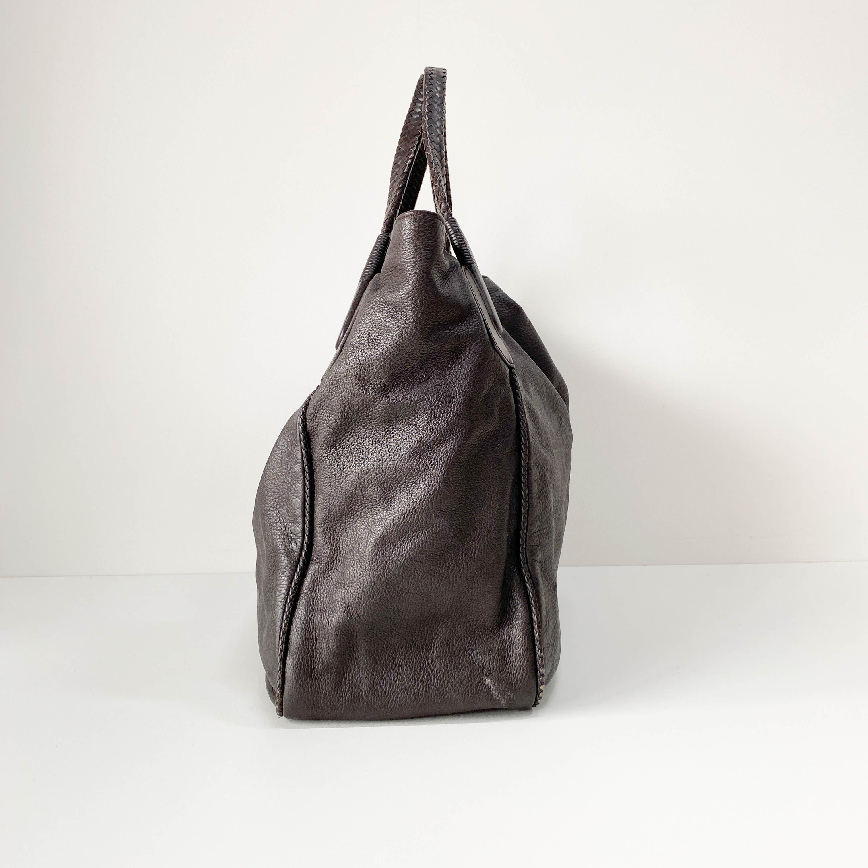 Dark Brown Grained Calfskin Leather Tote Bag