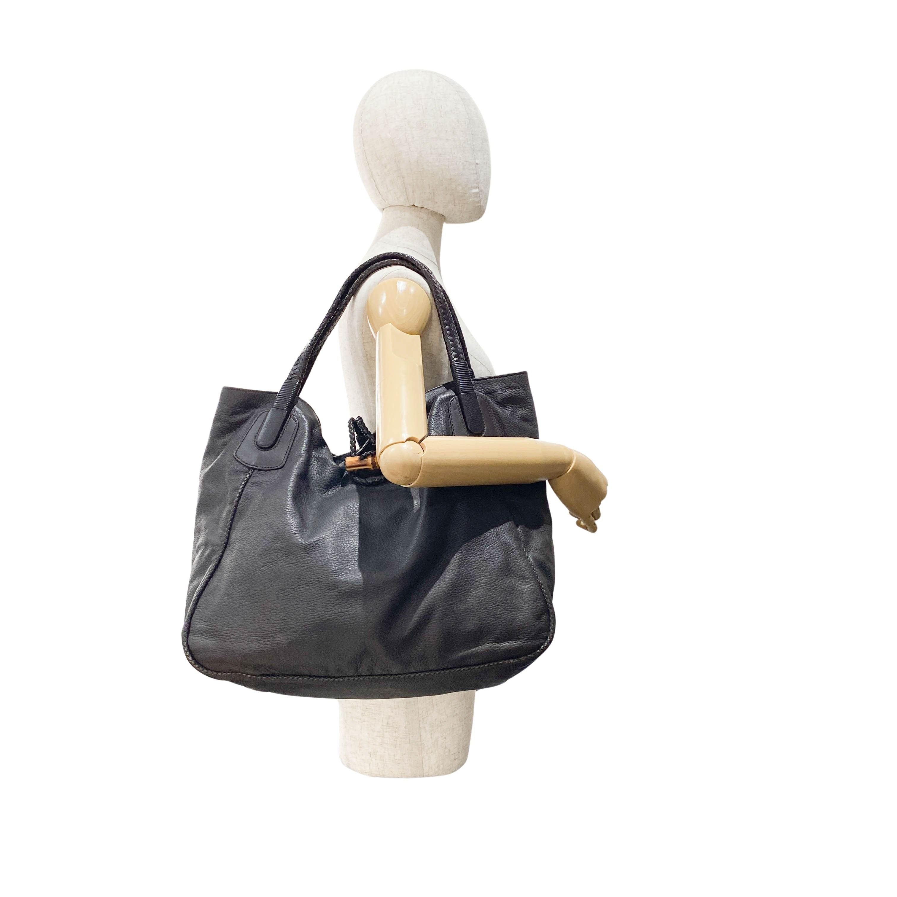 Dark Brown Grained Calfskin Leather Tote Bag