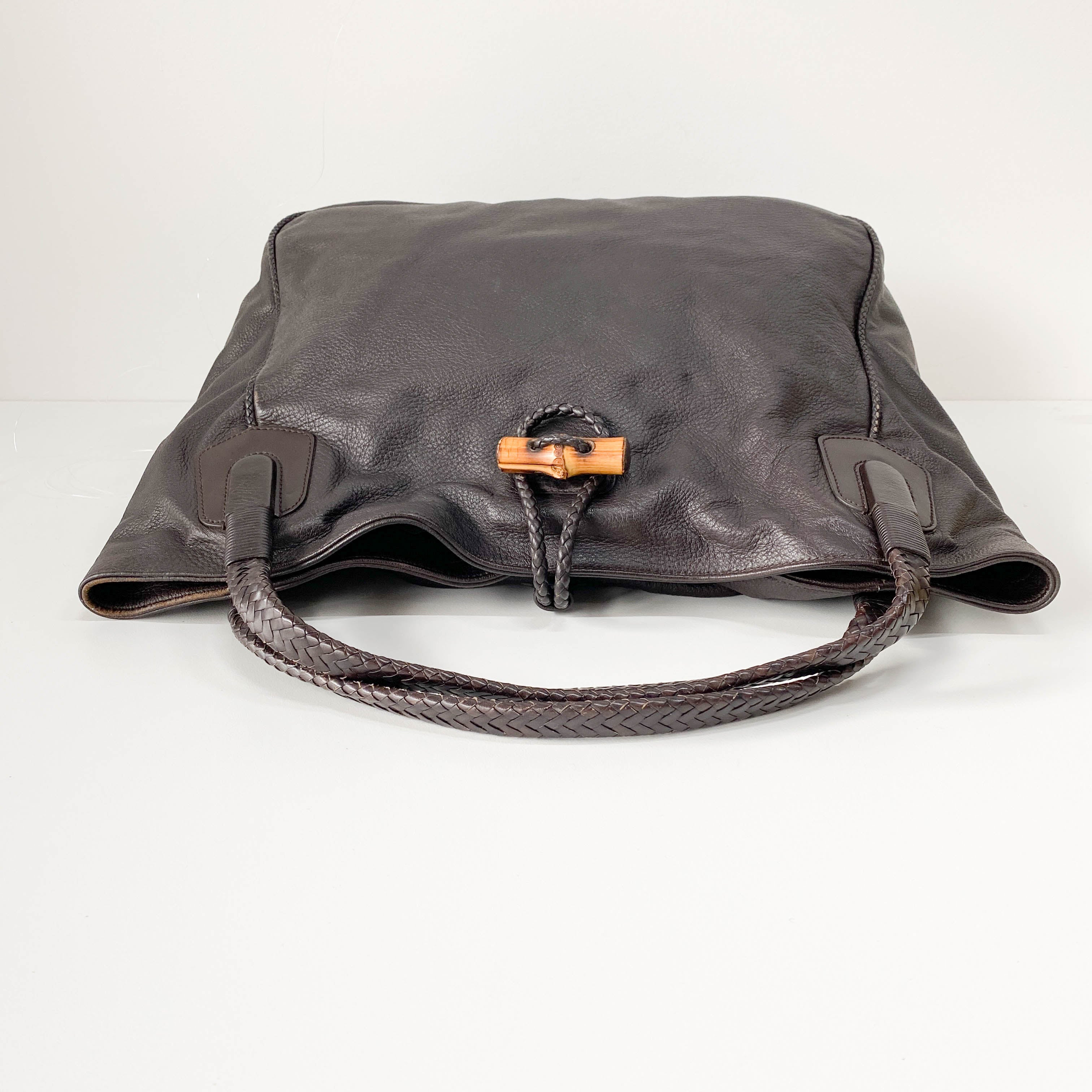Dark Brown Grained Calfskin Leather Tote Bag