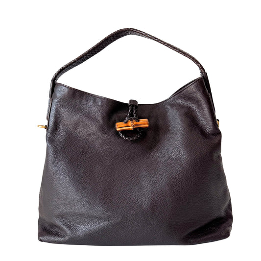 Brown Leather Bamboo Tote Bag