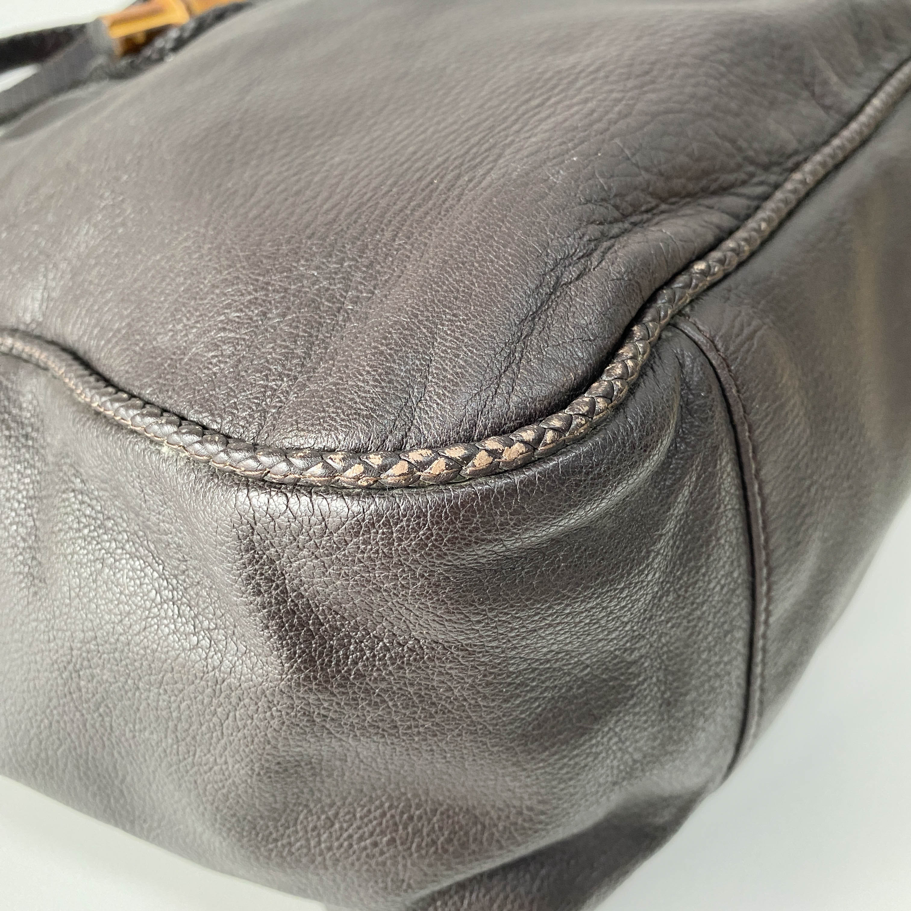 Dark Brown Grained Calfskin Leather Tote Bag