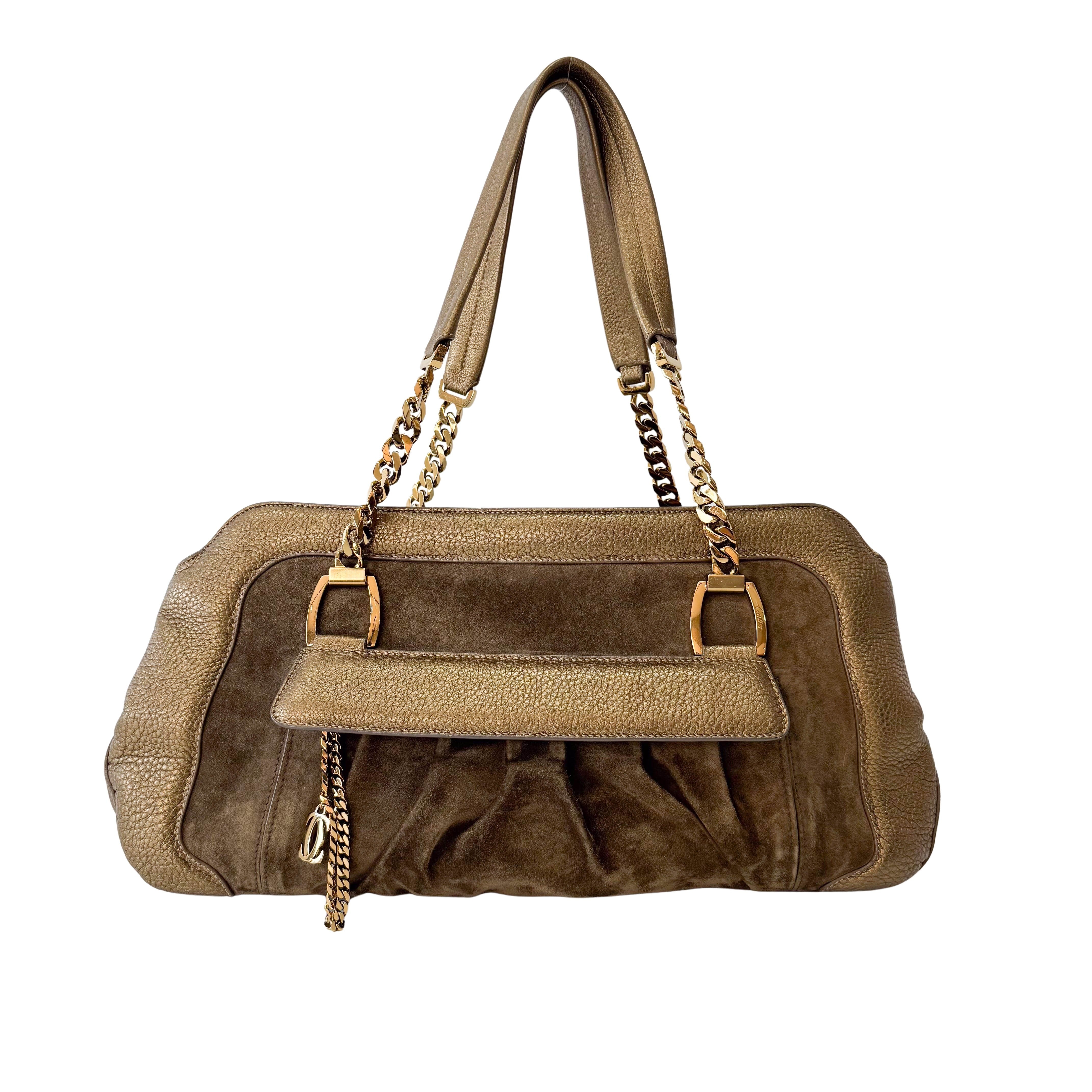 Gold Leather & Brown Suede Shoulder Bag