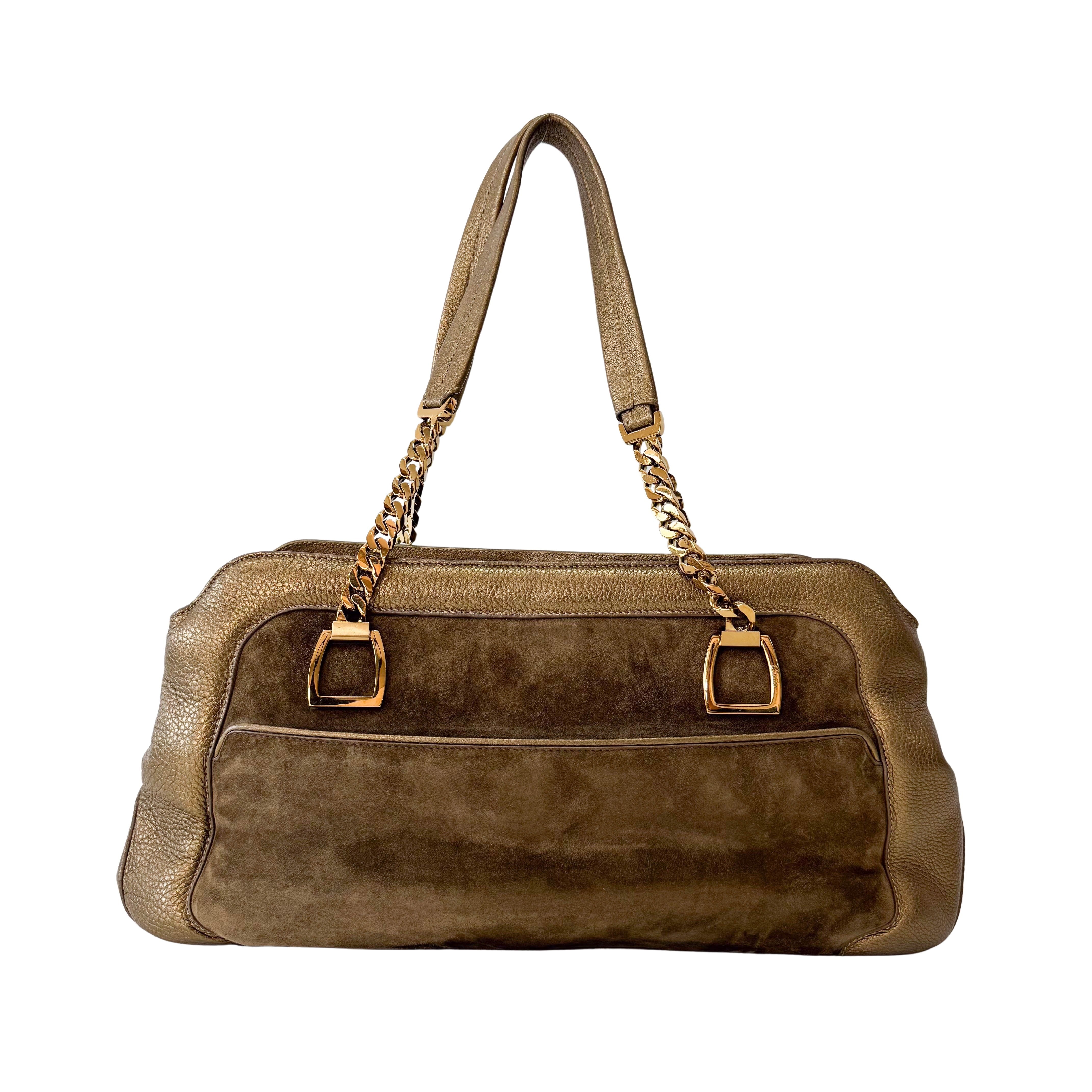 Gold Leather & Brown Suede Shoulder Bag