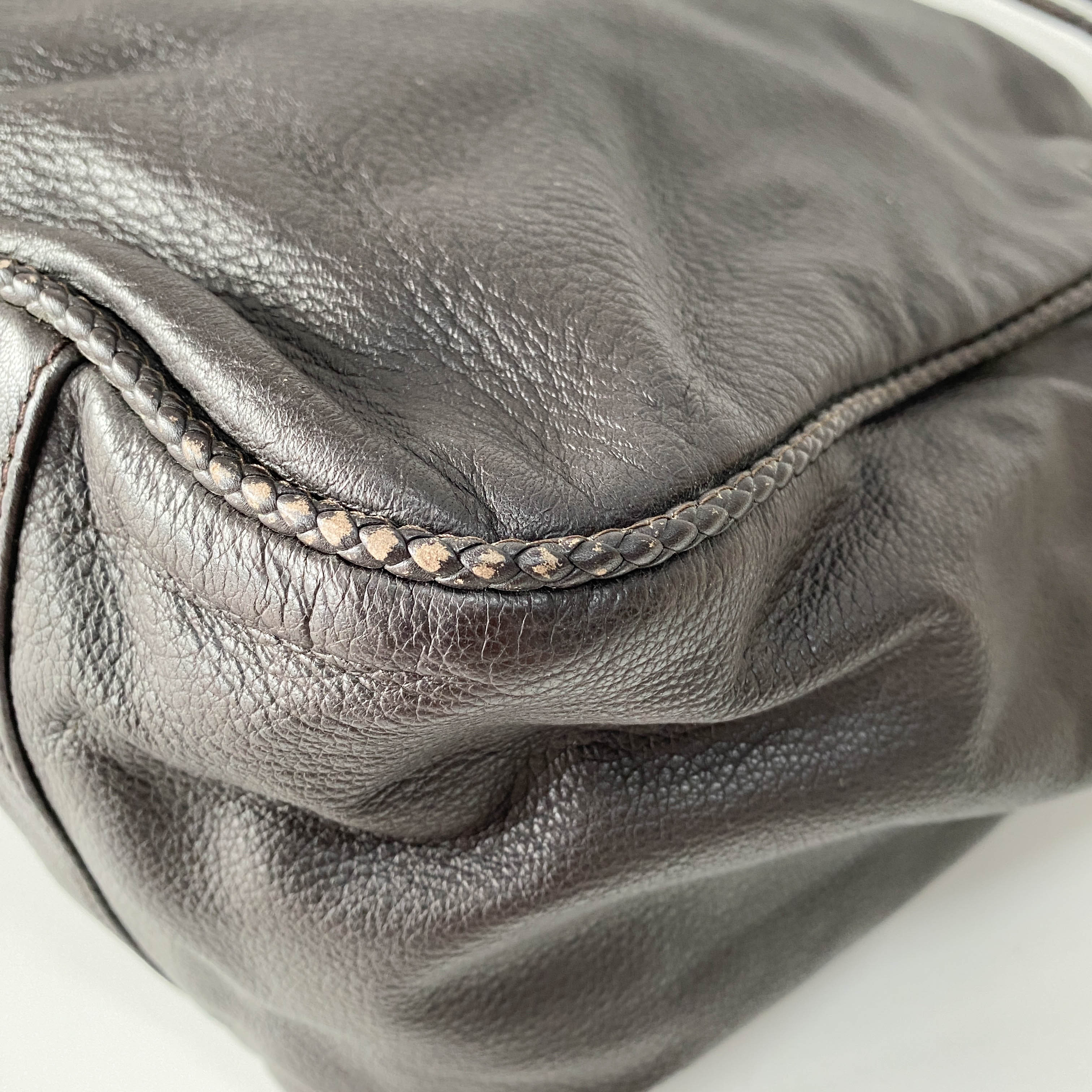 Dark Brown Grained Calfskin Leather Tote Bag