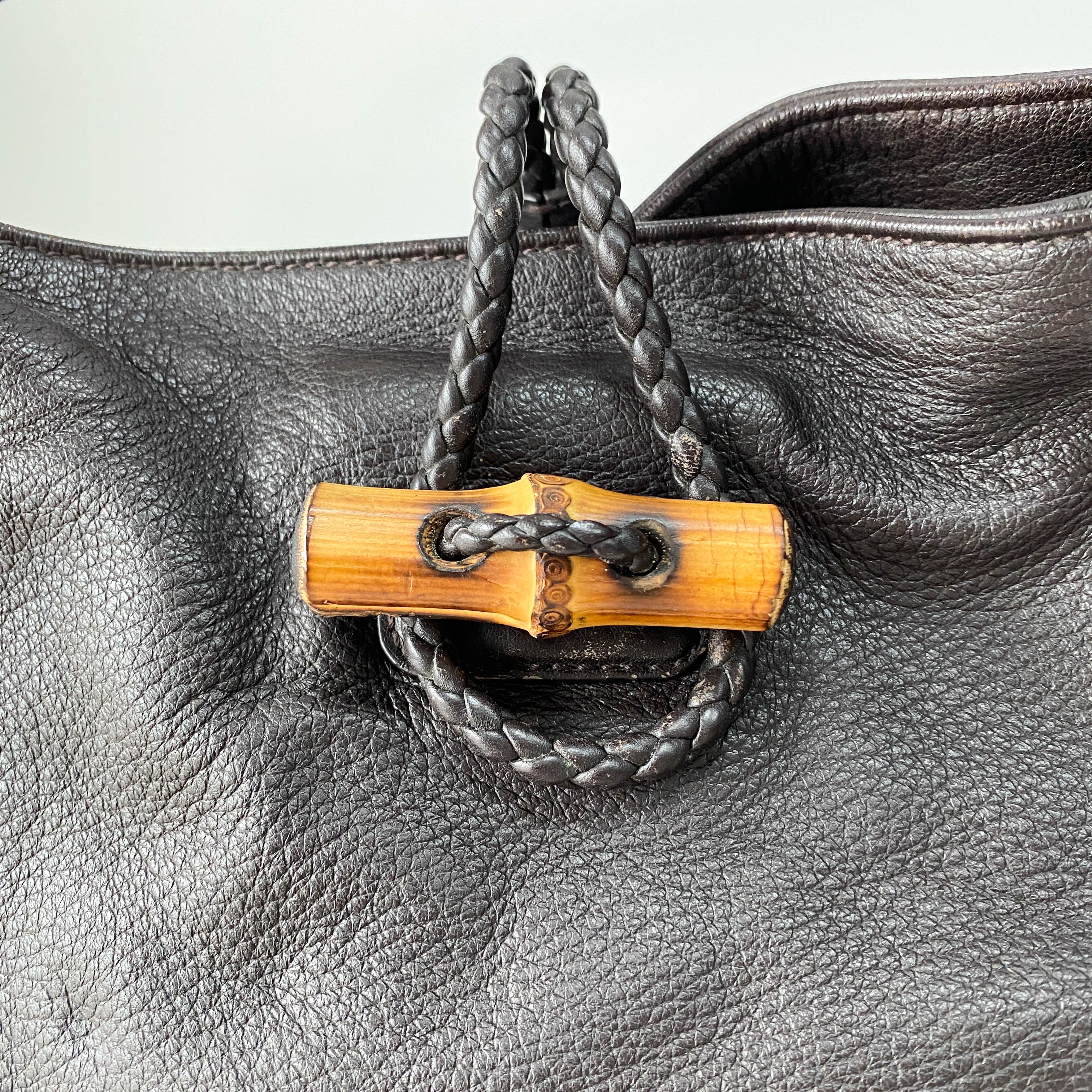 Dark Brown Grained Calfskin Leather Tote Bag